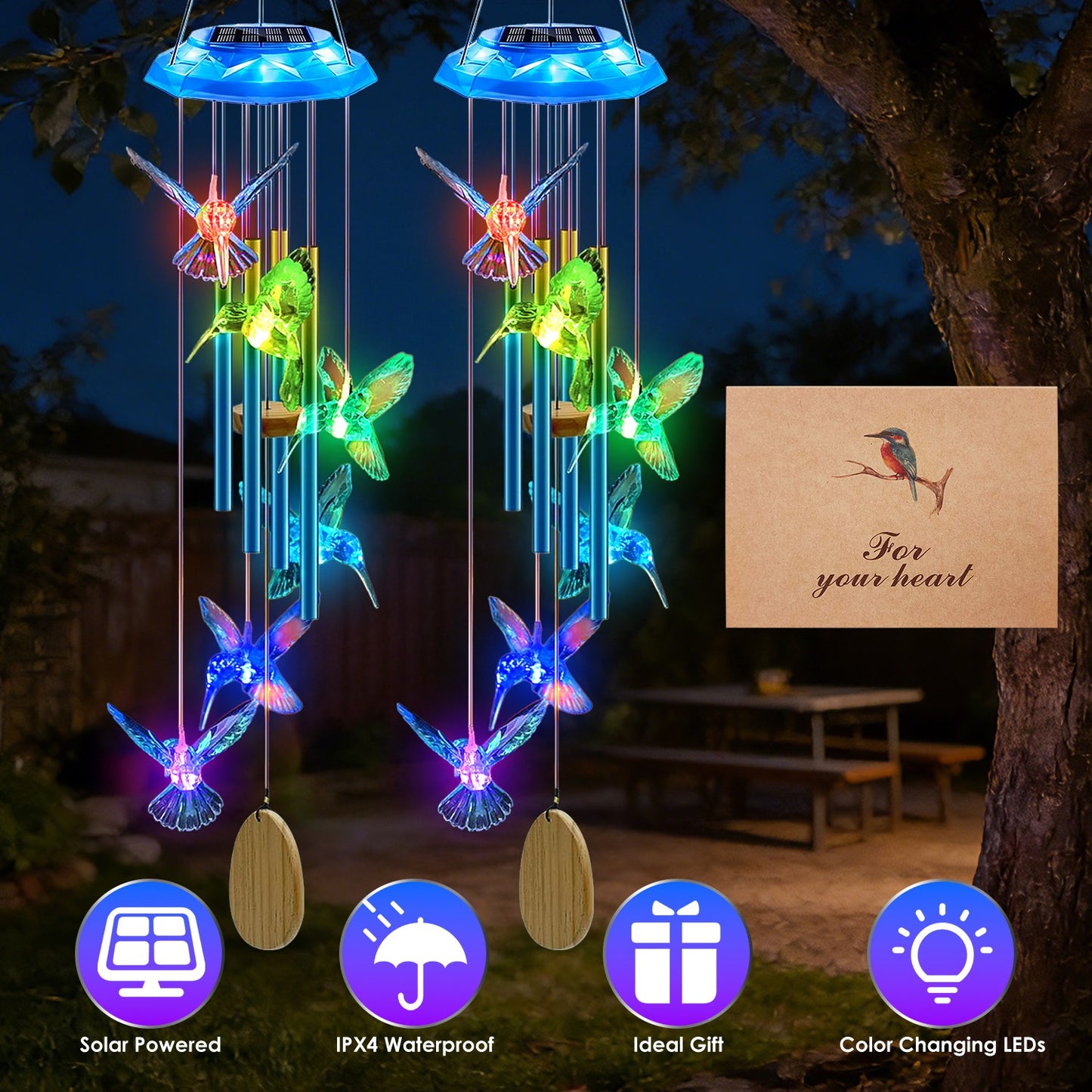 Solar Wind Chime with Color-Changing LED Lights & Aluminum Tubes