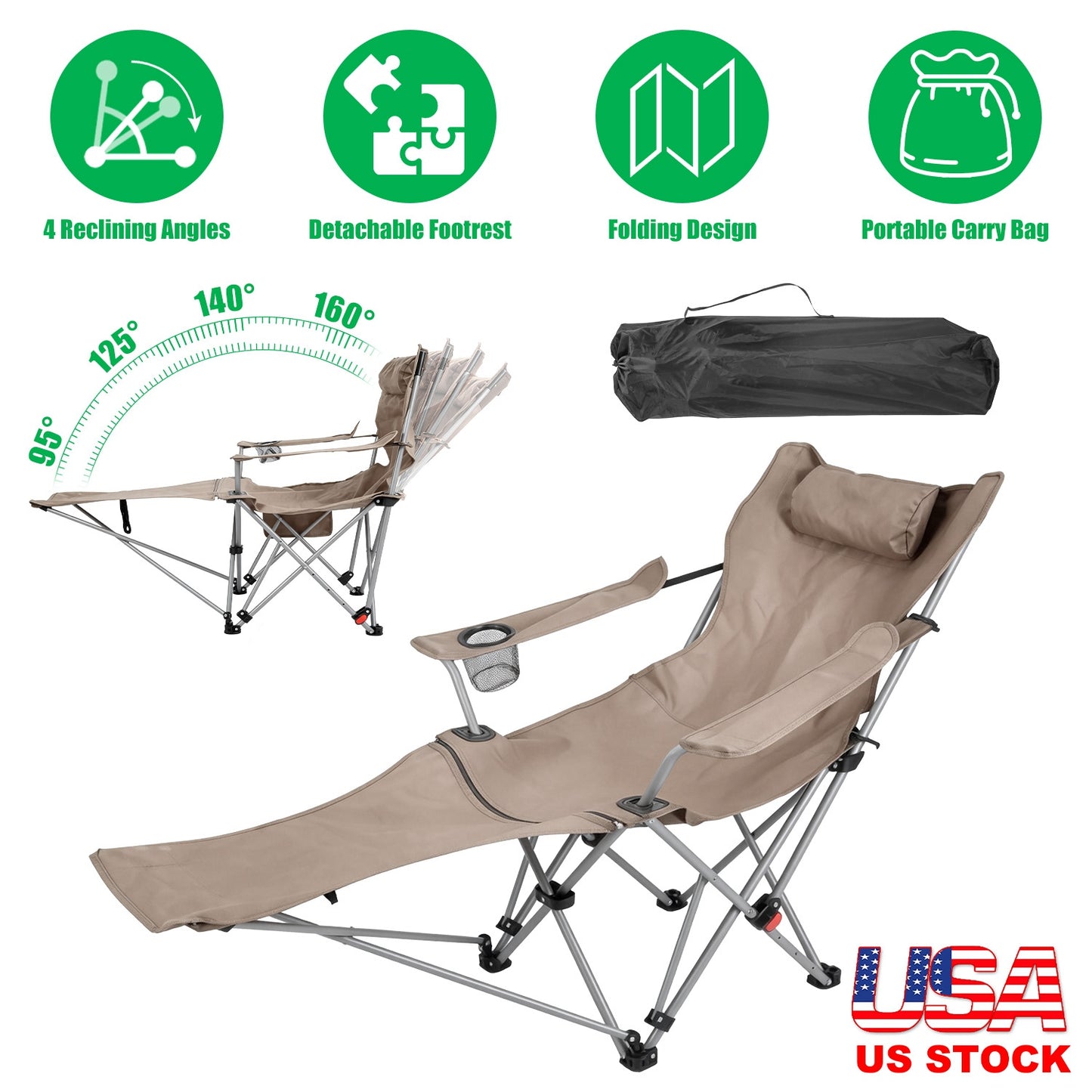 Reclining Camping Chair with Footrest - 4-Position Adjustable