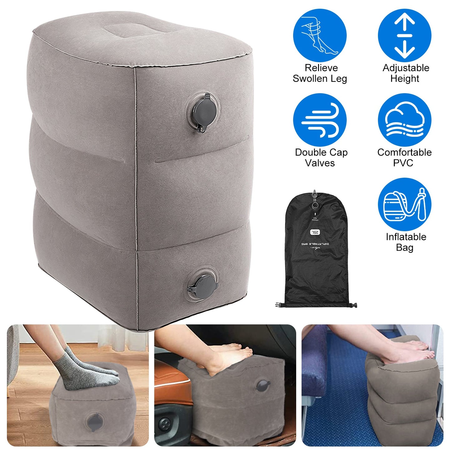 Inflatable Foot Rest with 3 Adjustable Heights for Travel