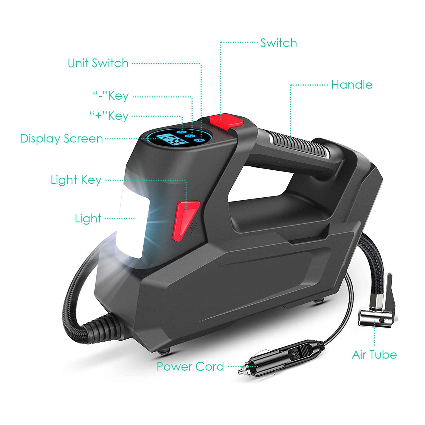 Portable Tire Inflator 120 PSI with Digital Display & LED Light