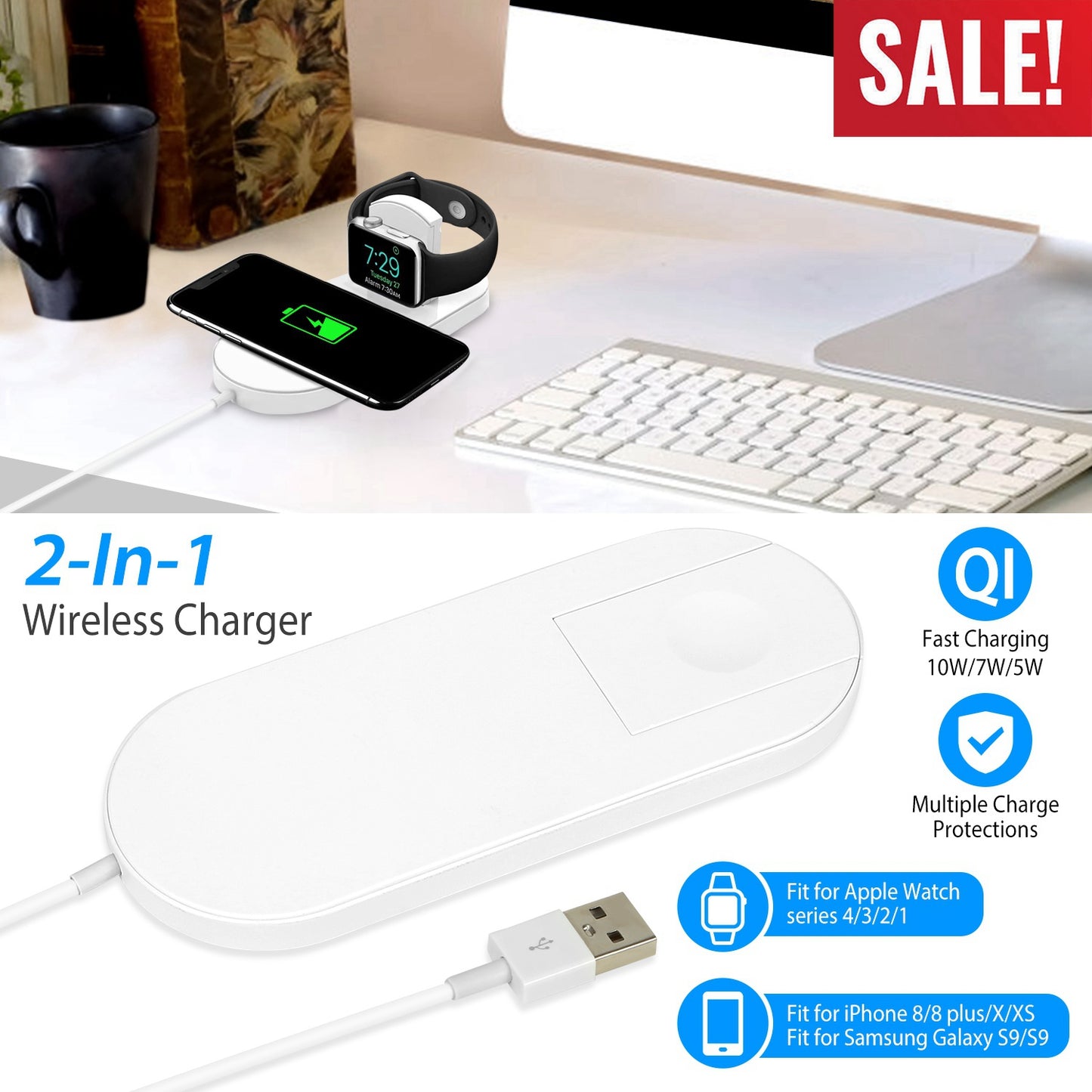 2-in-1 Wireless Charger for iPhone & Apple Watch - 10W Qi Pad