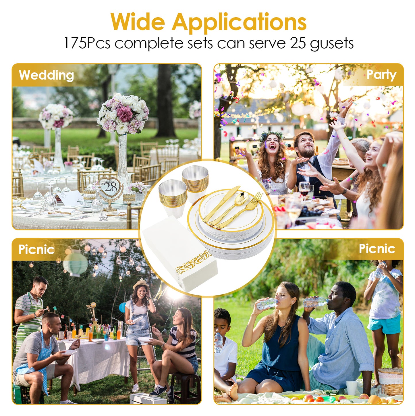 Disposable Gold Rim Dinnerware Set - 175 Pieces for 25 Guests