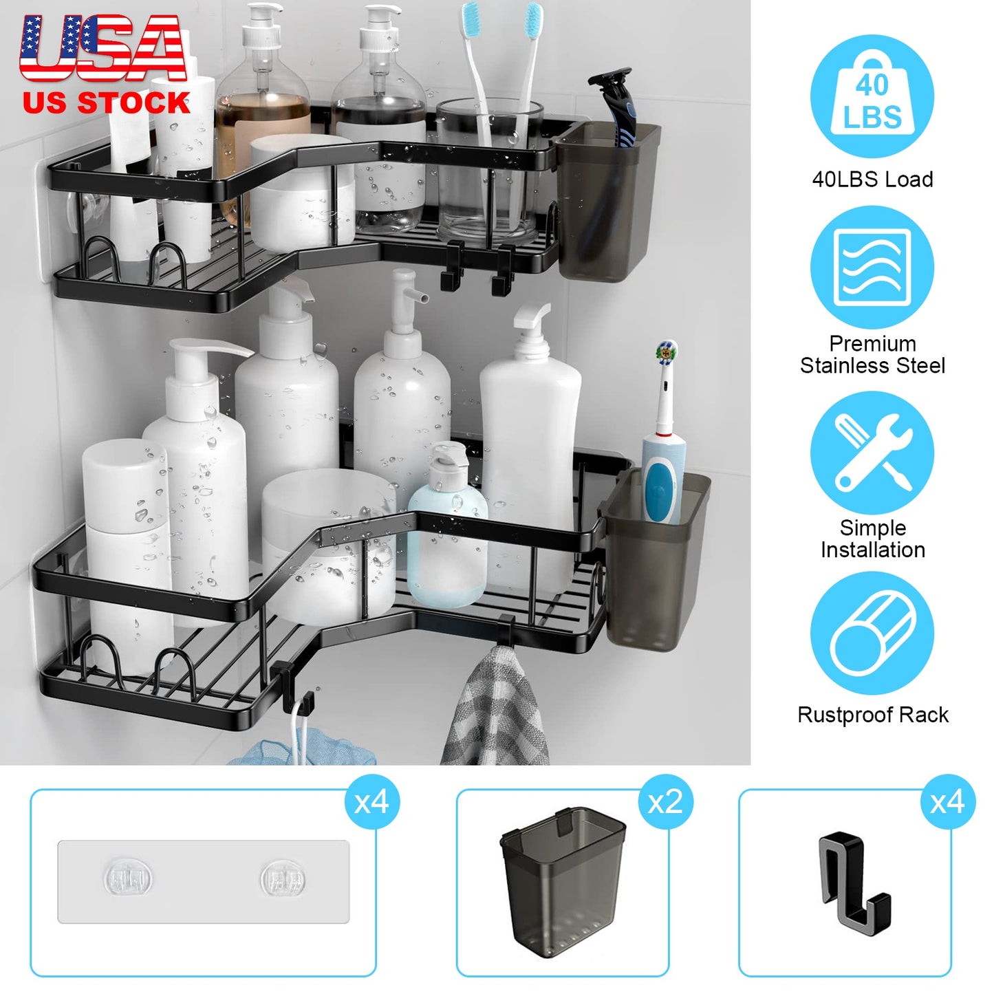 Corner Shower Caddy 2-Pack with Soap Holders & Hooks