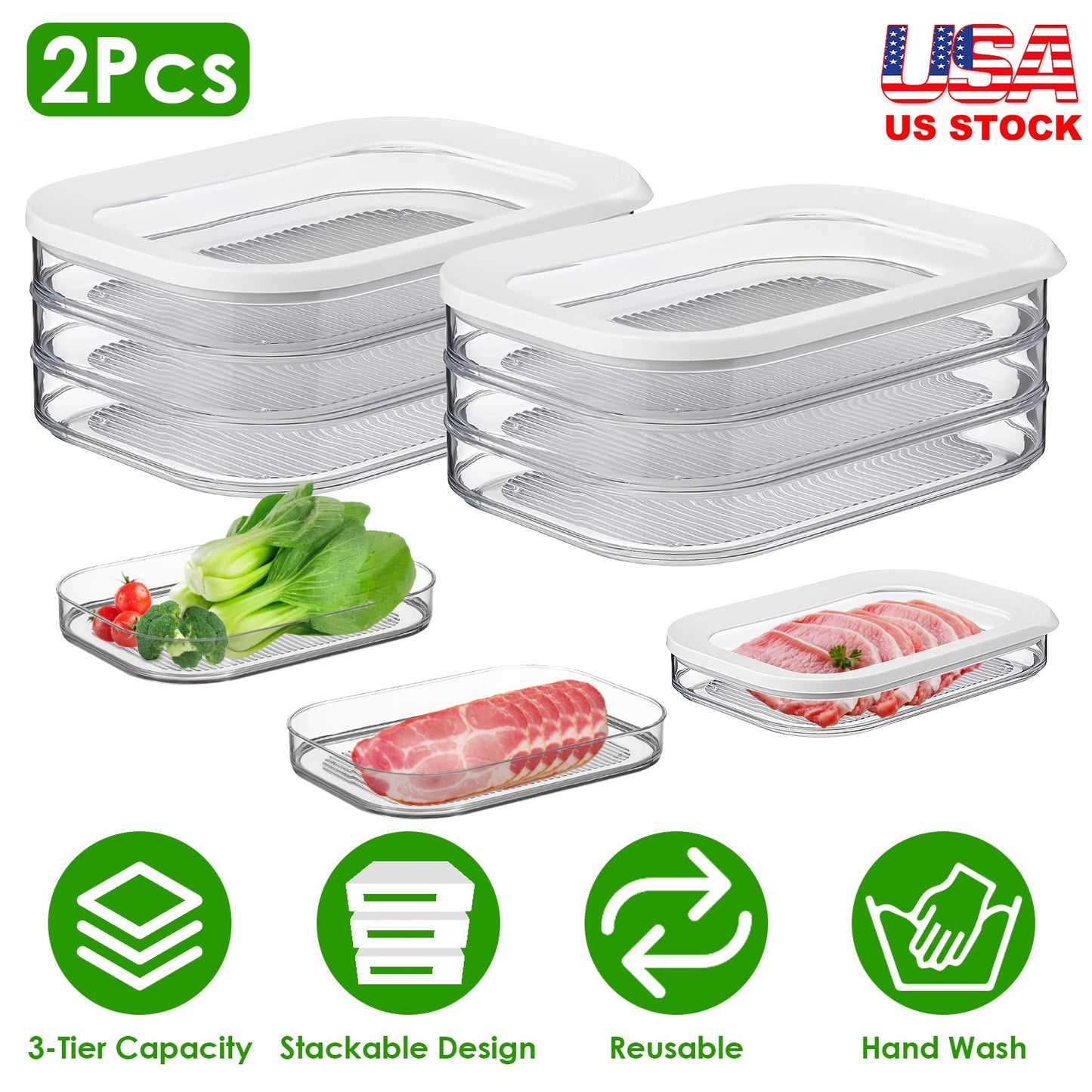 Stackable Deli Meat Container with Lid - 2 Pack 3-Tier