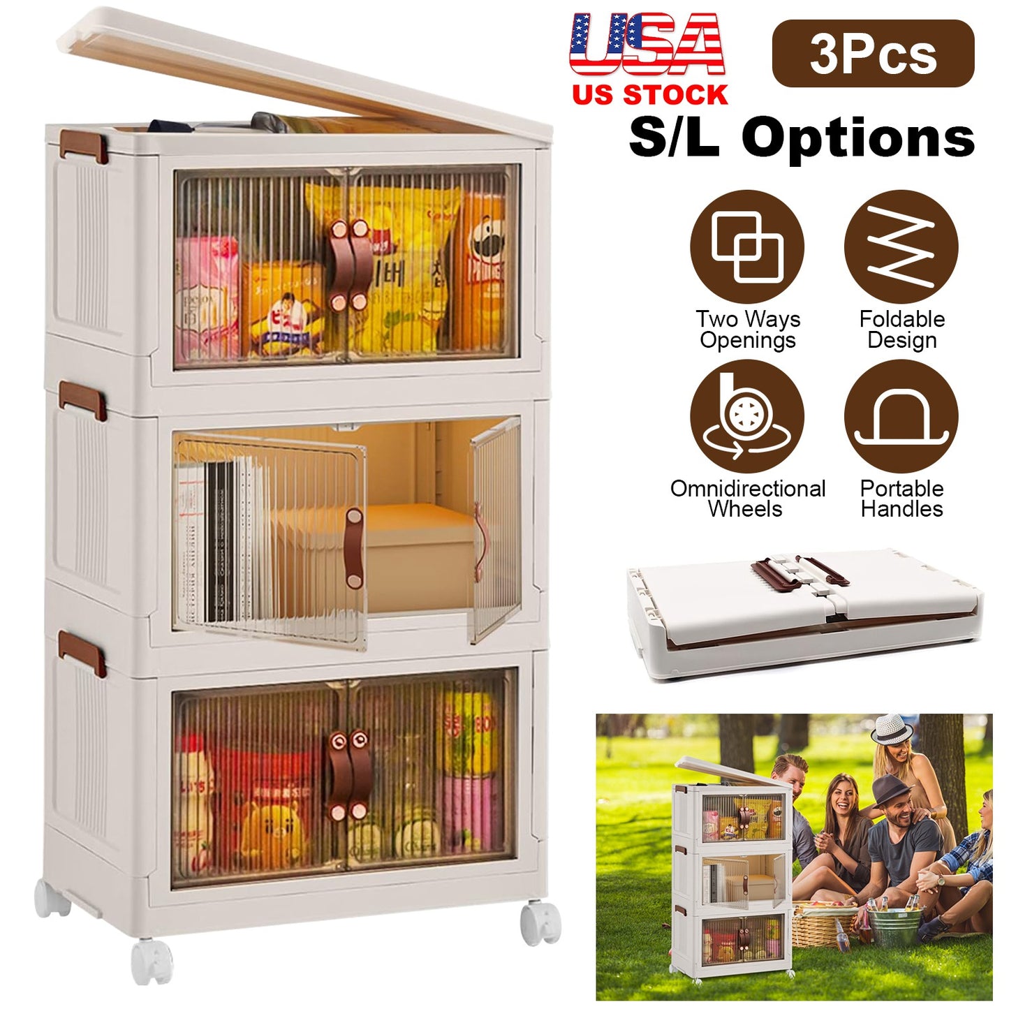 Foldable Storage Bins with Lids & Wheels - 3 Pack Stackable