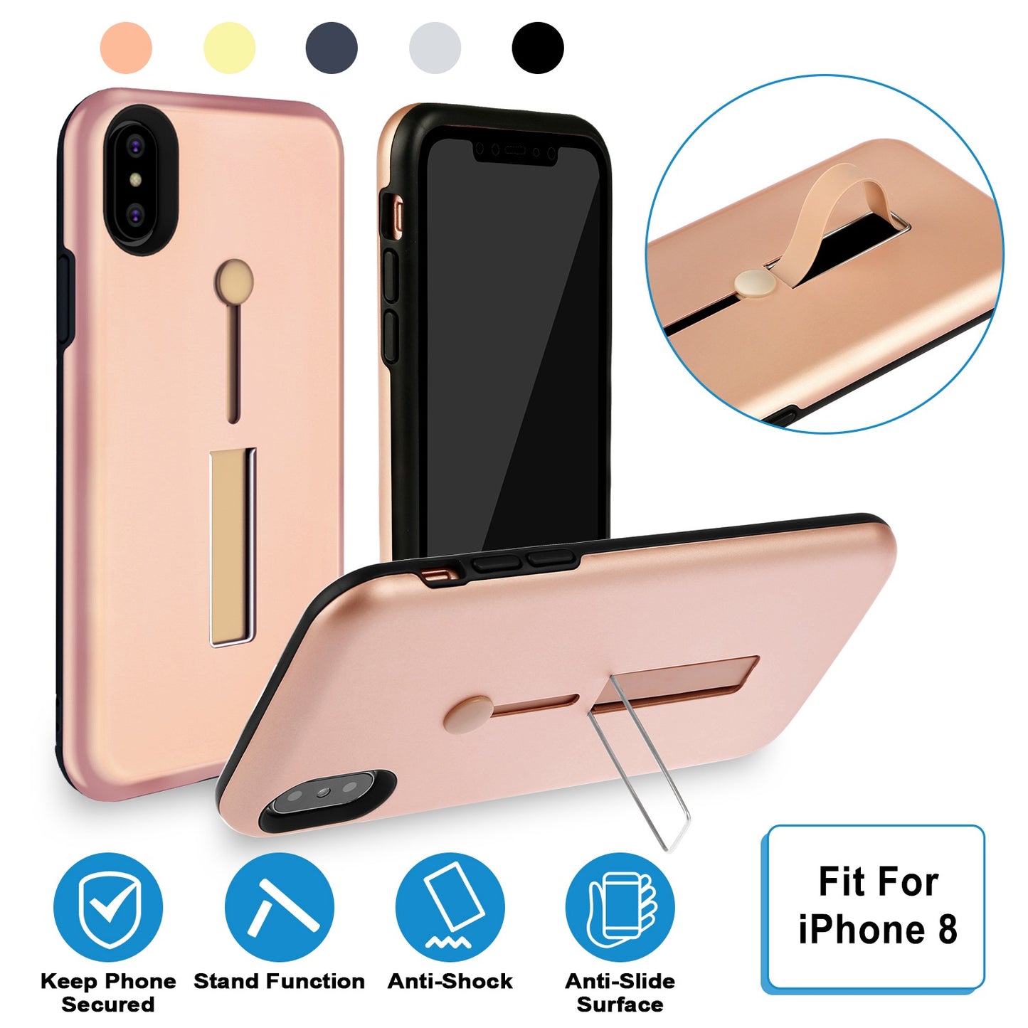 iPhone 8 Case with Finger Strap and Kickstand