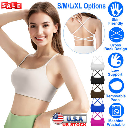Women Cross Back Sport Bras Padded Strappy Crop Open Back Low Impact Bras Sexy Fitness Tank Tops with Removable Pads Thin Straps for Gym Yoga Workout
