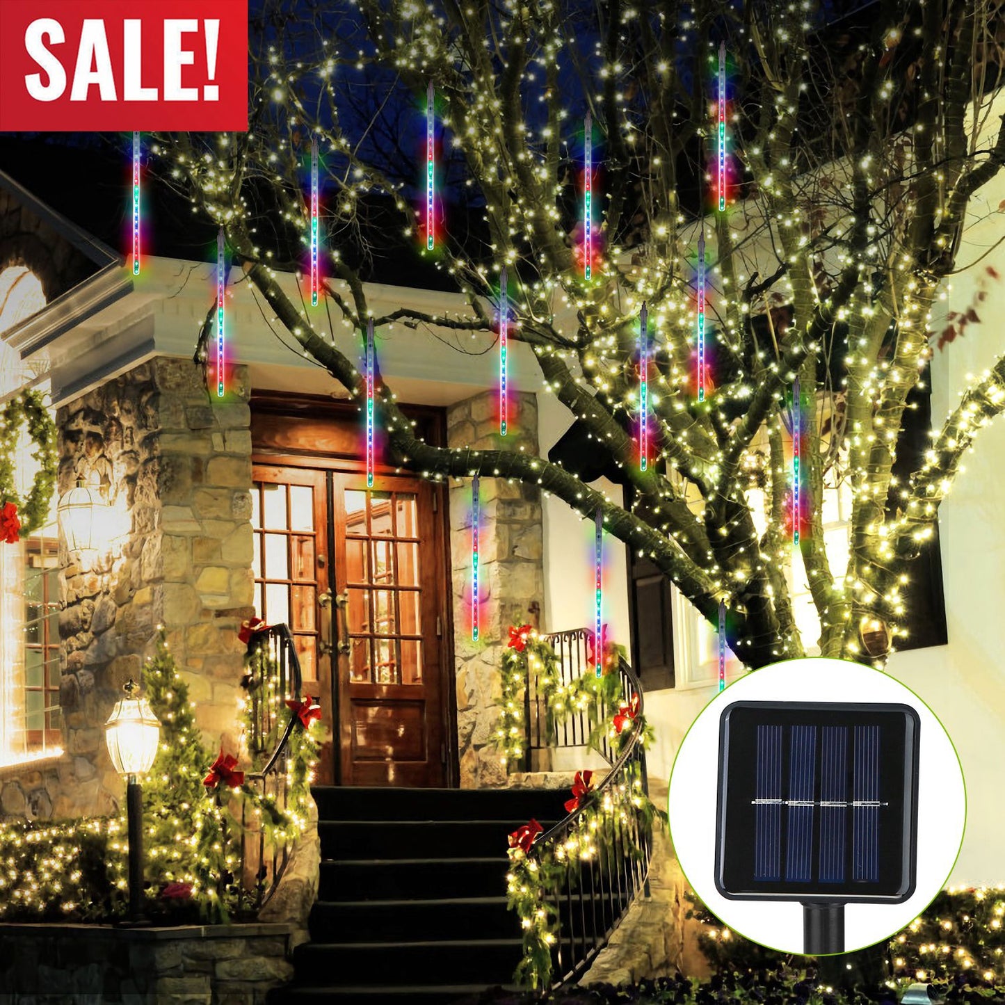 Solar Meteor Shower String Lights 8 Tubes 144 LED Waterproof