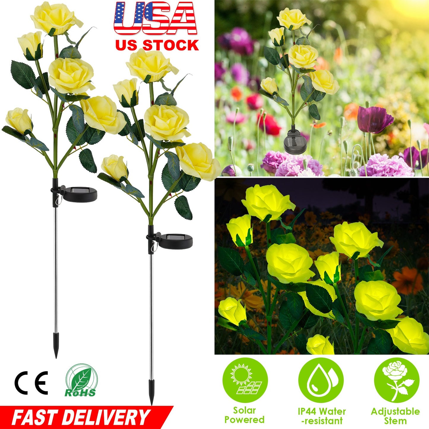 Solar Rose Flower Stake Lights - 2 Pack Outdoor Garden Decor