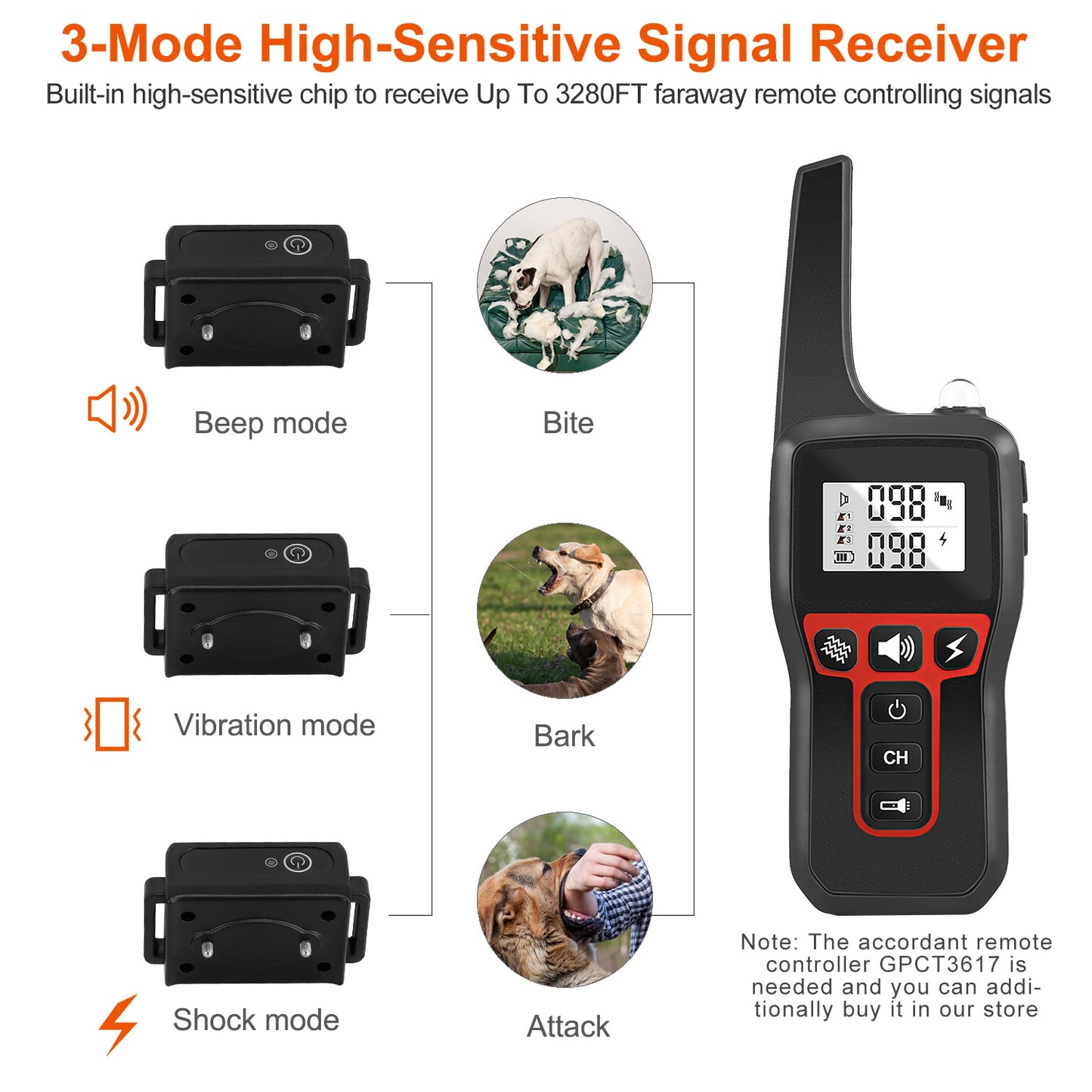 Dog Training Collar Receiver with 3280ft Range & IP67 Waterproof