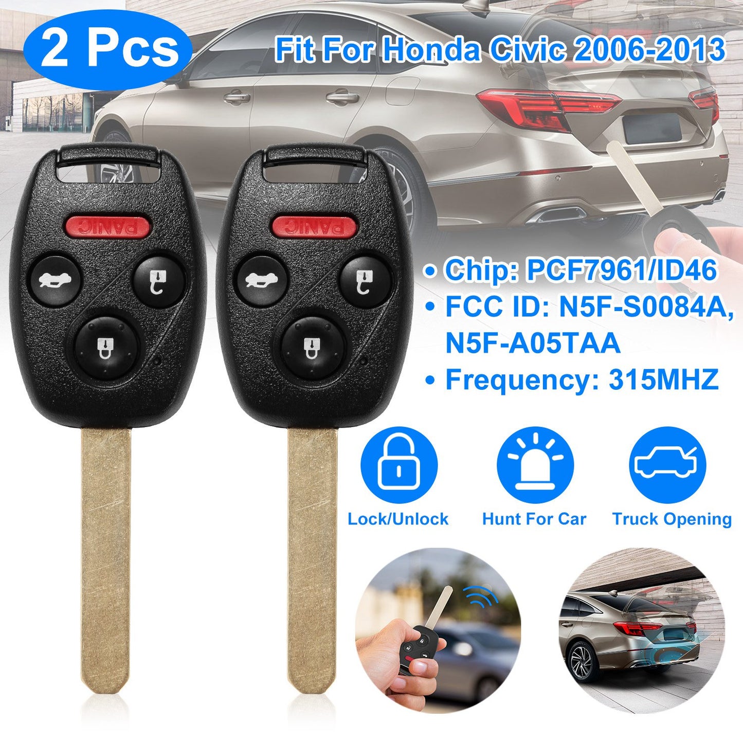 Remote Key Fob for Honda Civic 2006-2013 (2-Pack)