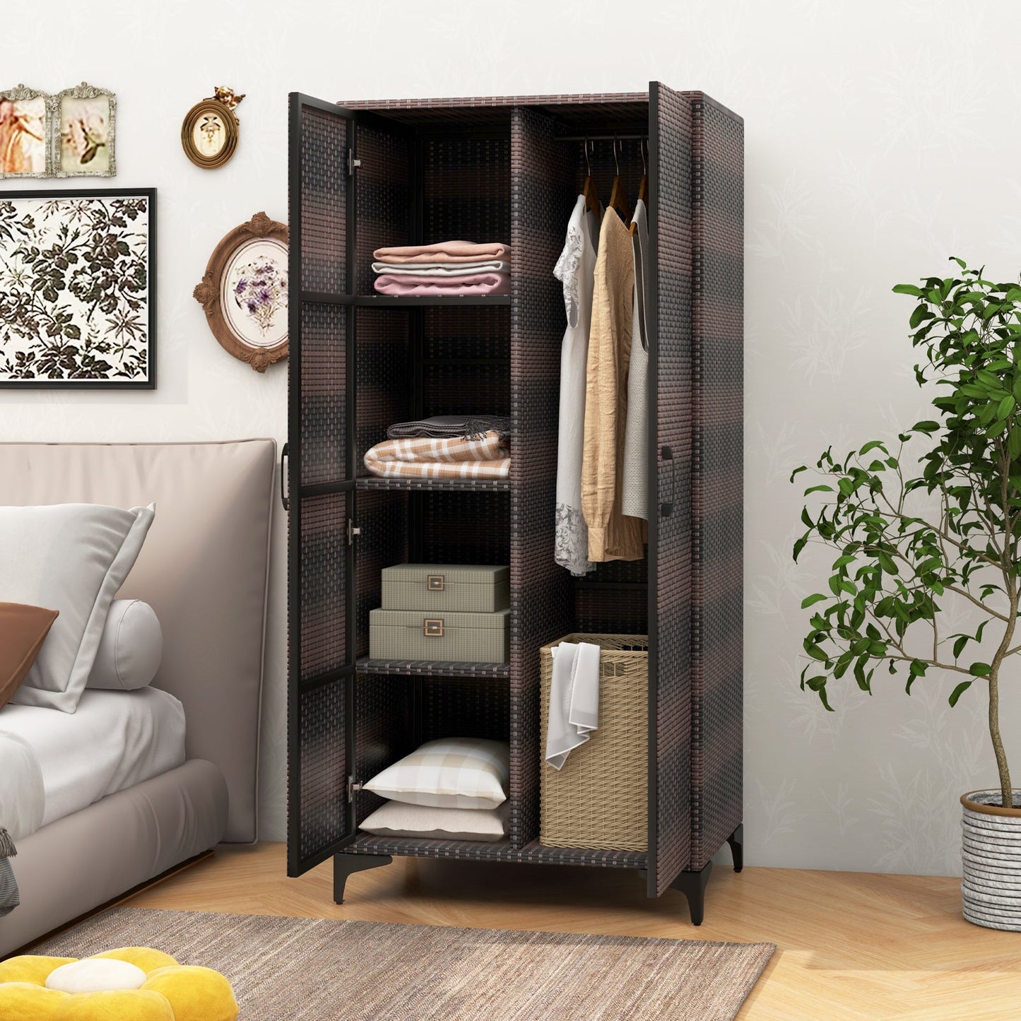 62 Inch Wicker Wardrobe with 2 Doors PE Rattan Closet with Hanging Rod