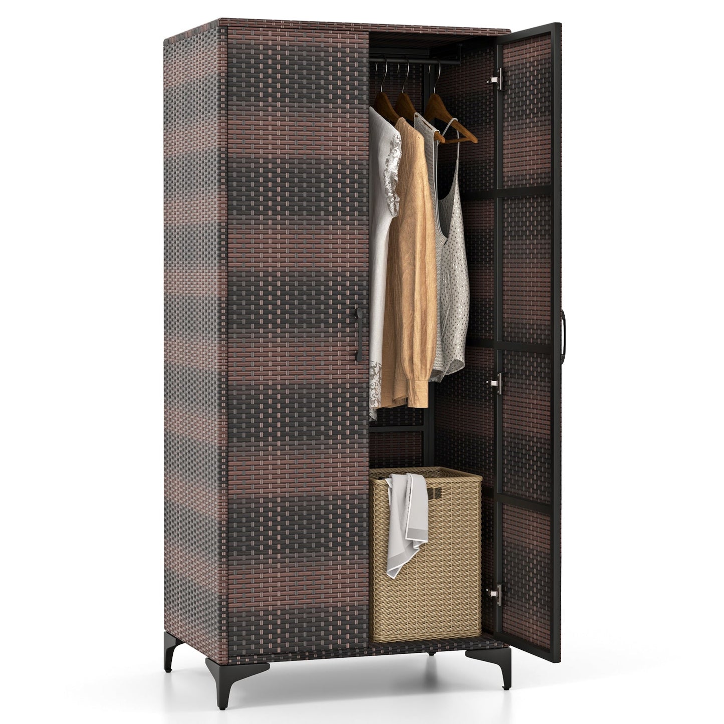 62 Inch Wicker Wardrobe with 2 Doors PE Rattan Closet with Hanging Rod
