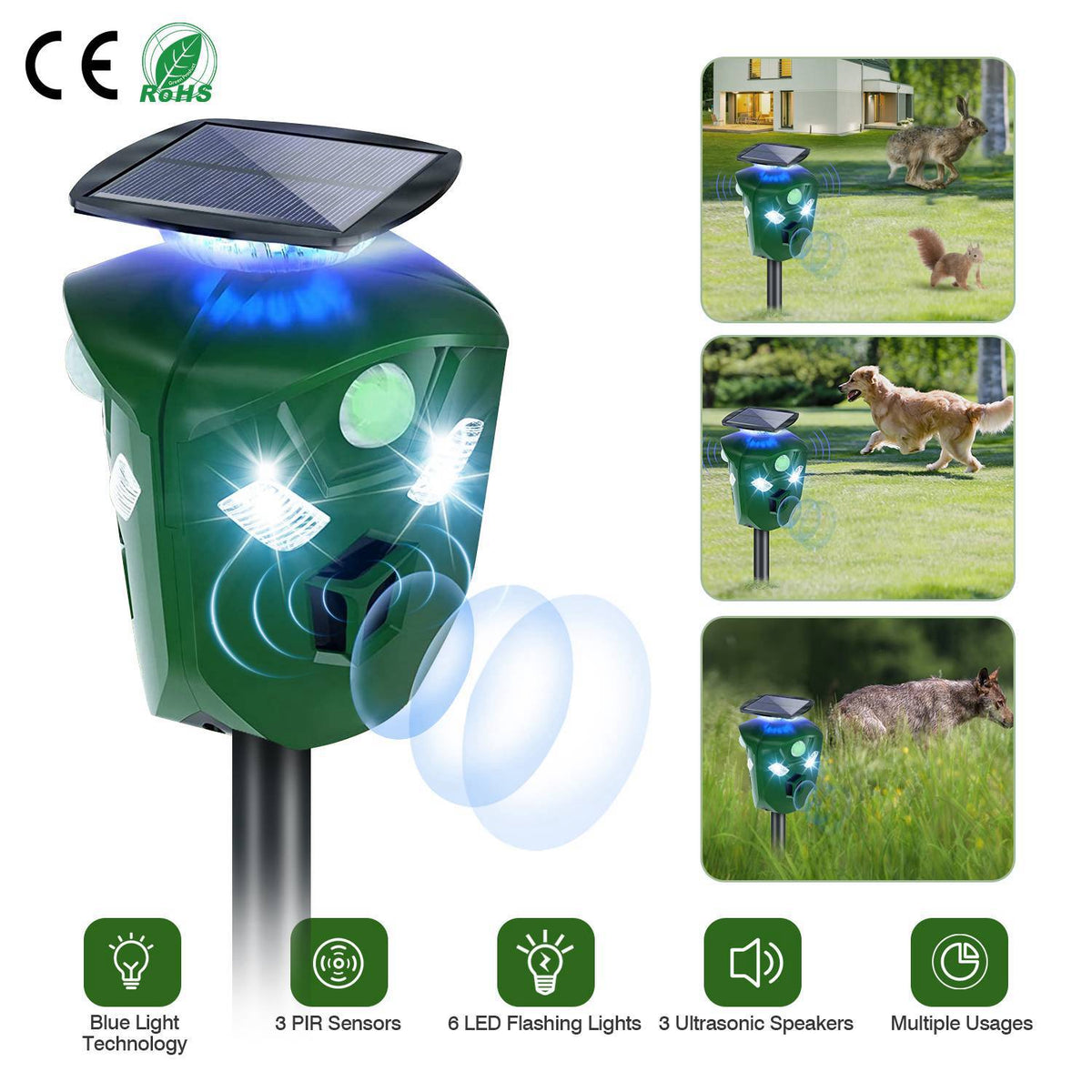 Electric Solar Powered Ultrasonic Animal Repeller 360¡ Ultrasonic Animal Driver with Motion Sensor LED Flashing Lights Waterproof Outdoor Animal Repel