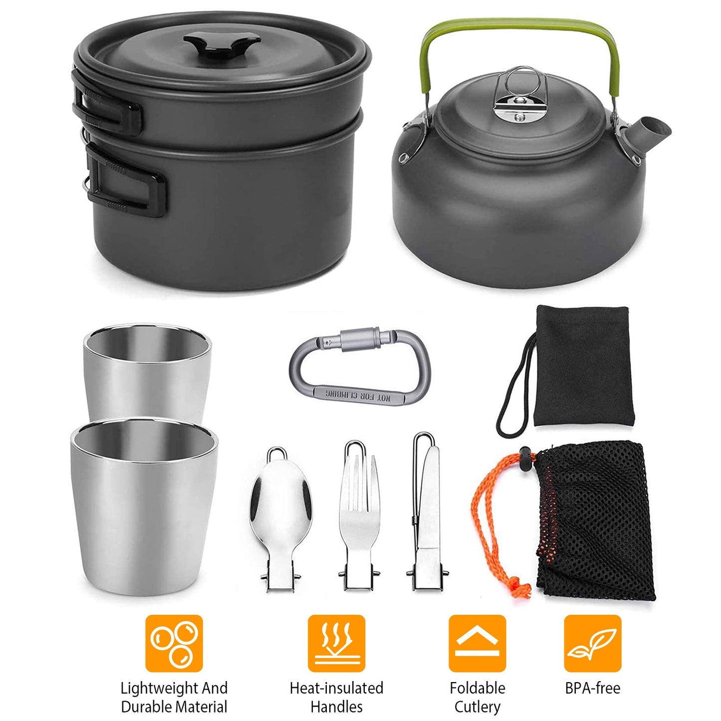 Camping Cookware Set 12-Piece with Pot, Pan & Kettle