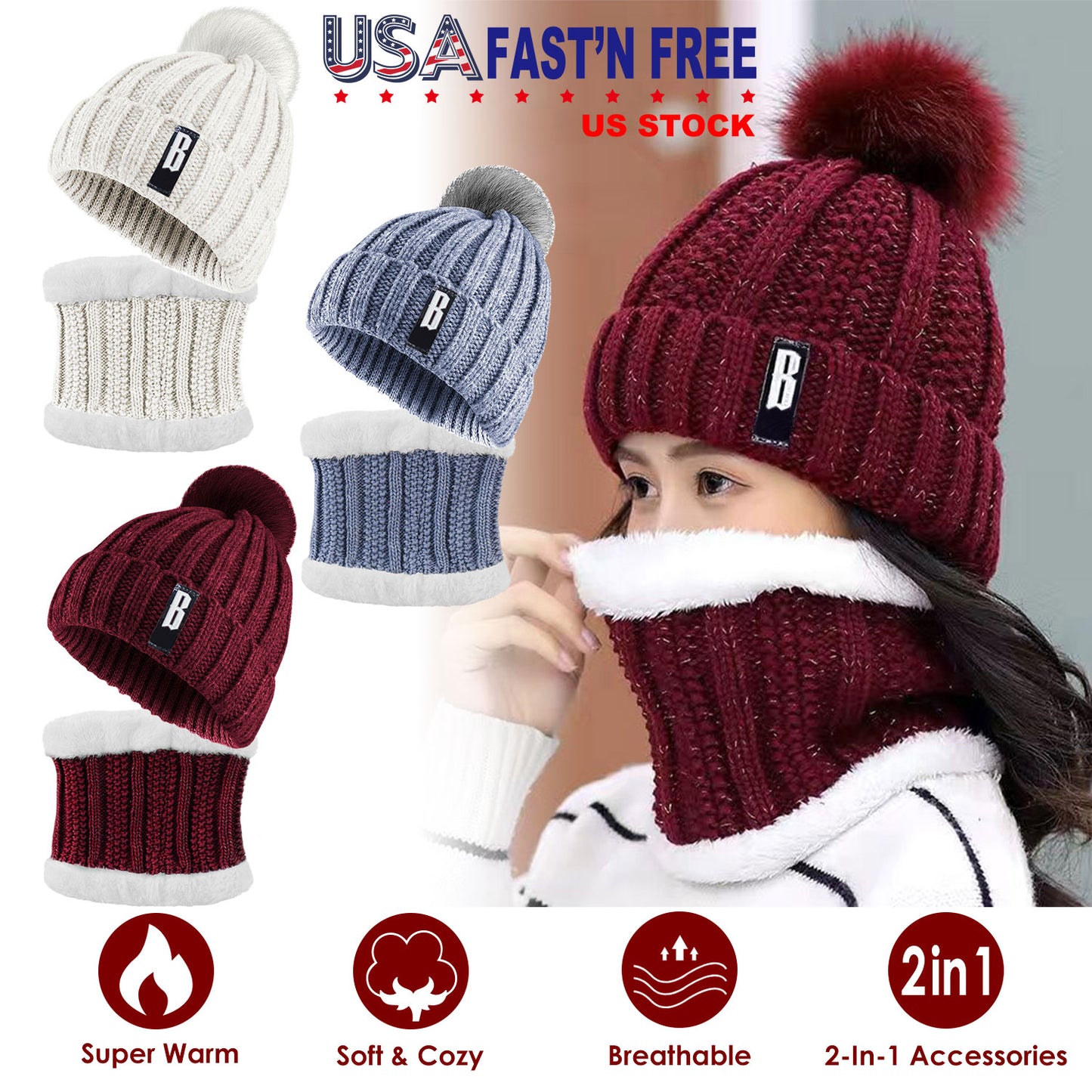 Beanie Hat and Scarf Set - Fleece Lined Winter Knit