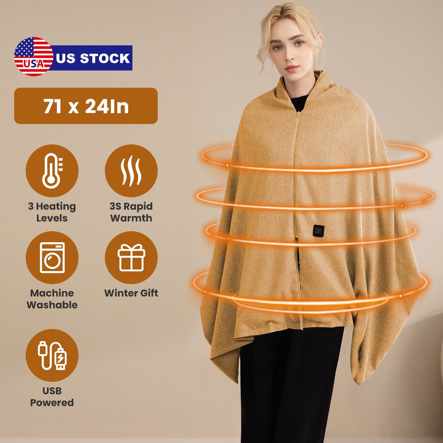 USB Heated Shawl with 3 Heat Levels and Zipper