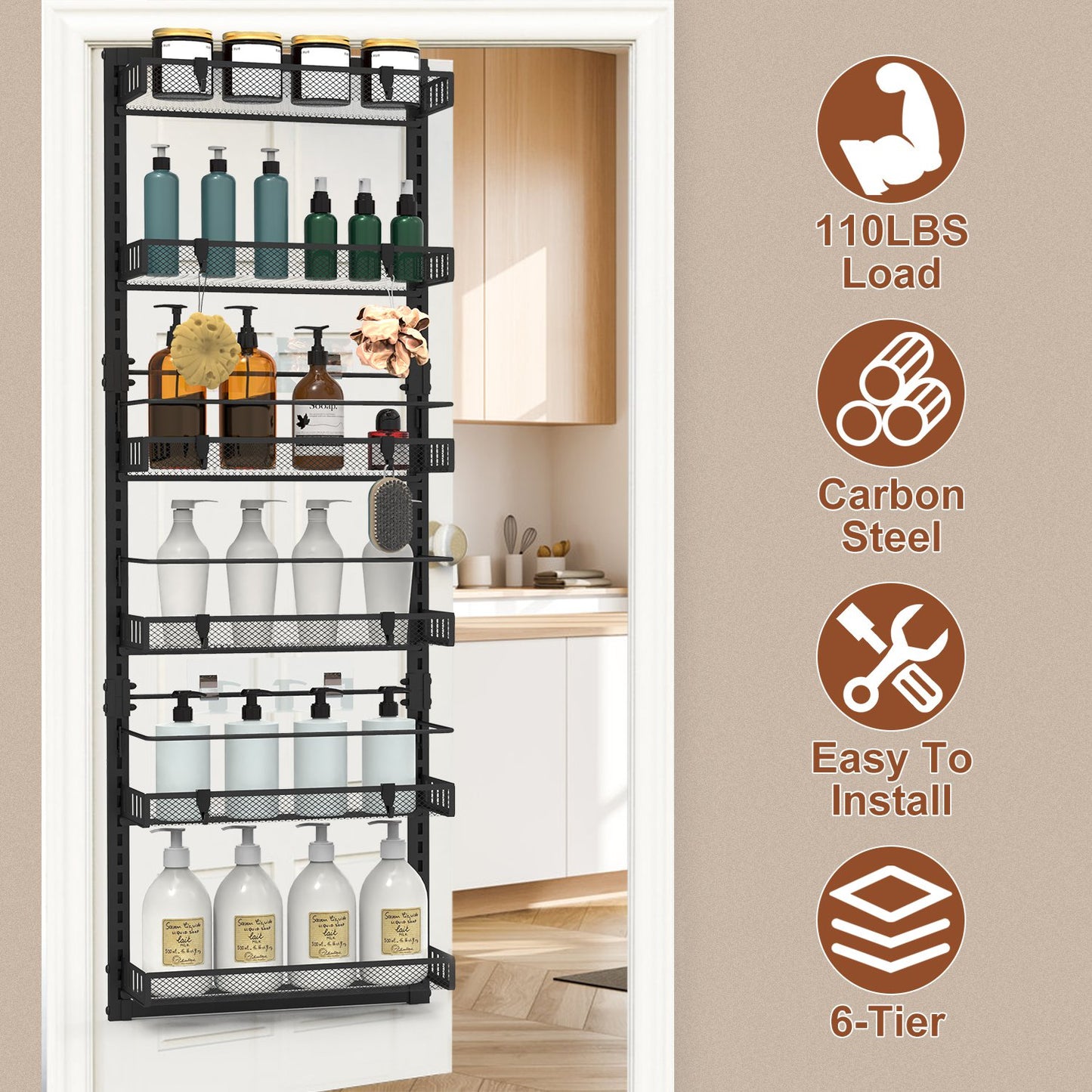 Over The Door Organizer 6-Tier Pantry Rack with 110lb Capacity