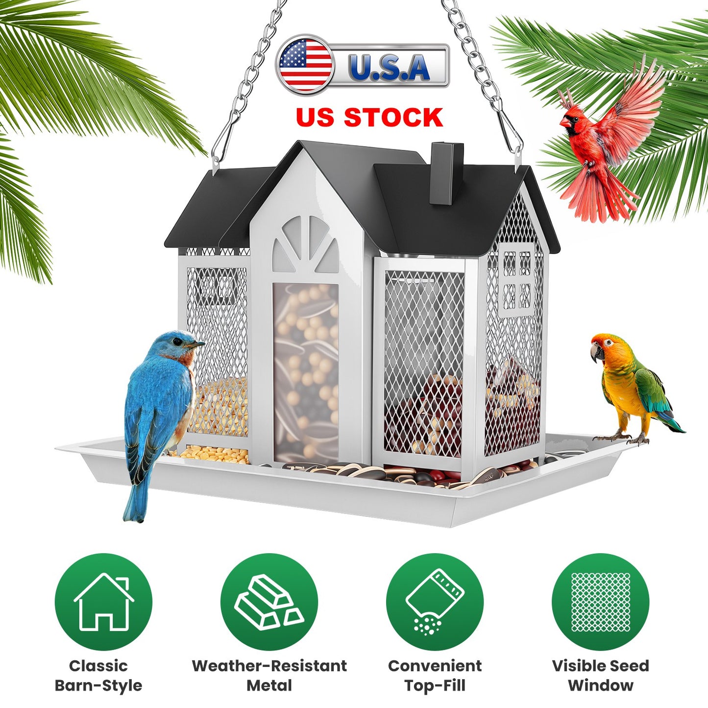 Barn Bird Feeder with Transparent Window & Lift Top Lid