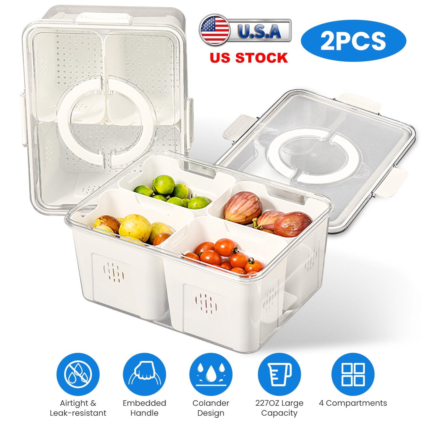 Airtight Fruit Storage Containers 4-Compartment with Colanders
