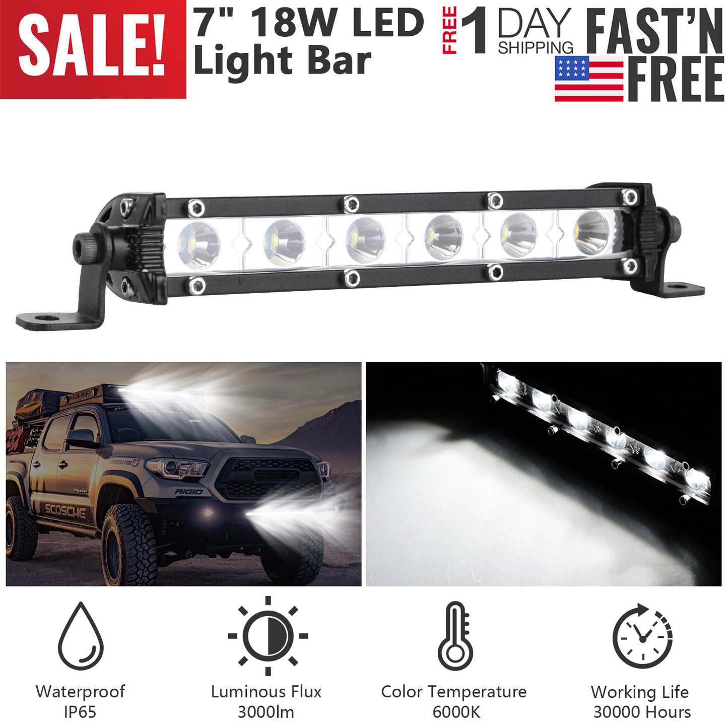 7" LED Light Bar 18W Spot Beam for Offroad Trucks & SUVs