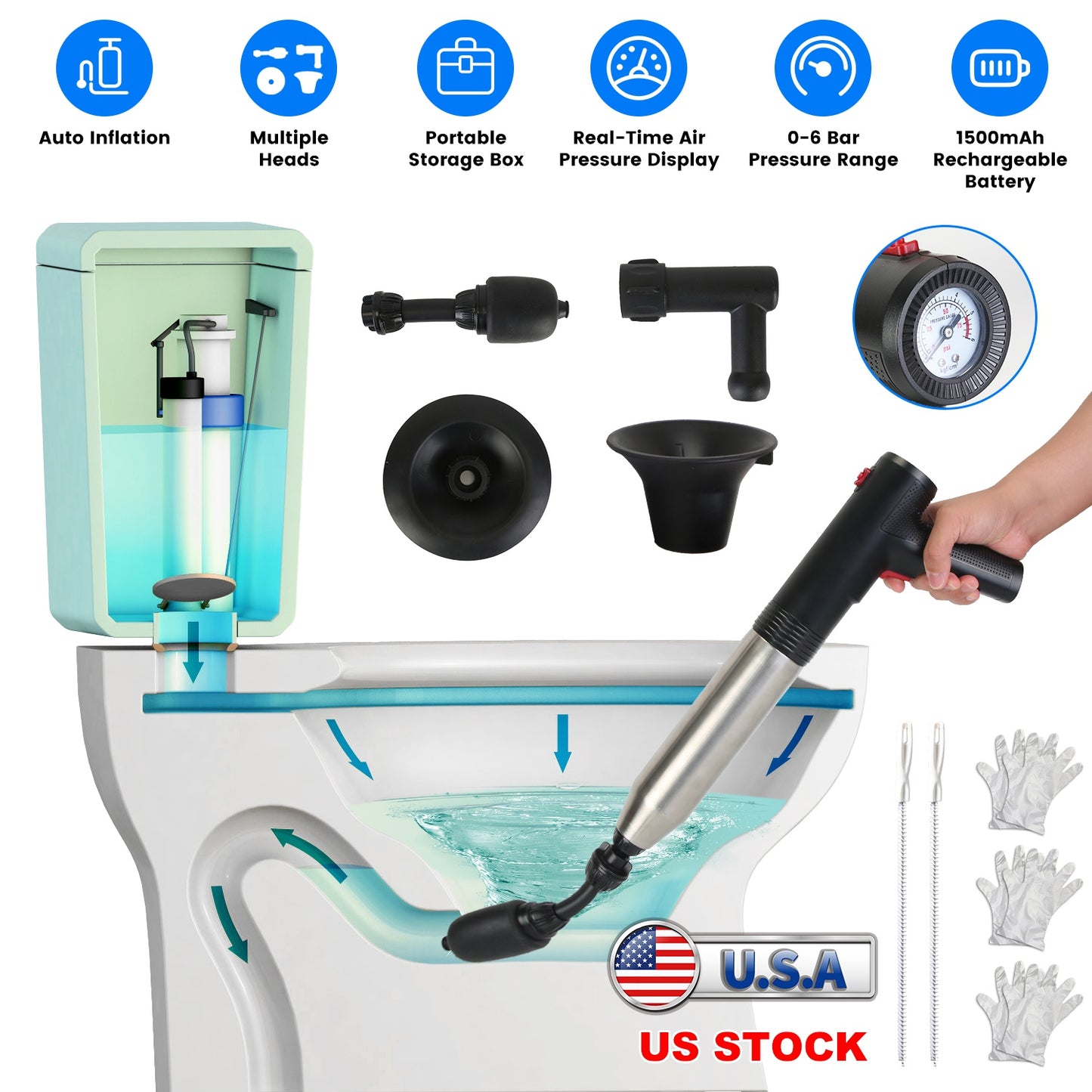 Electric Toilet Plunger with Pressure Display & Multiple Heads