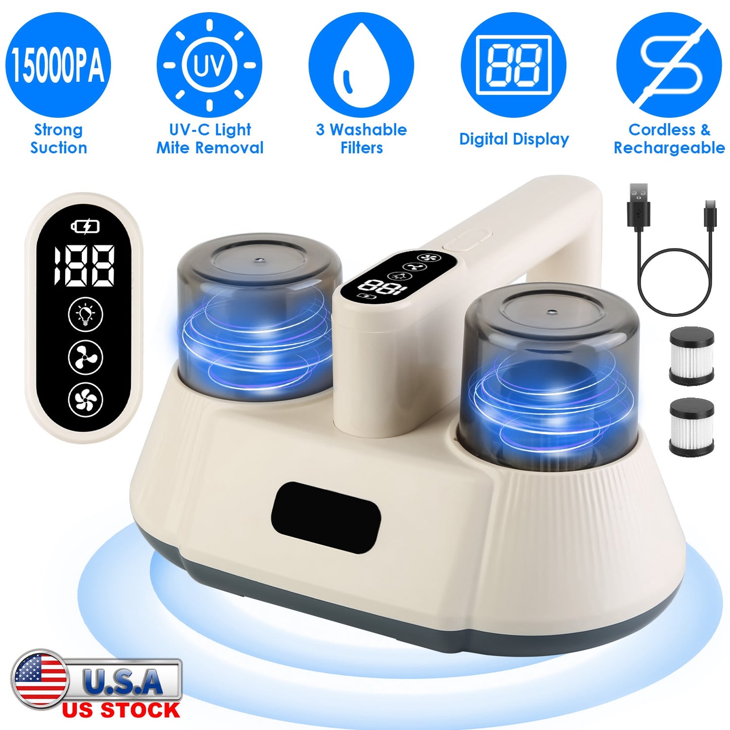 Cordless Mattress Vacuum Cleaner with UV-C Light & 15000PA Suction