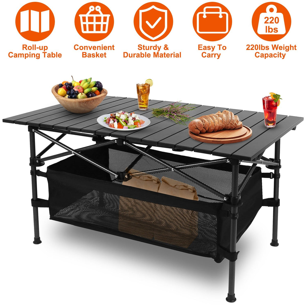 Folding Camping Table Portable Lightweight Aluminum Roll-up Picnic BBQ Desk with Carrying Bag Heavy Duty Outdoor Beach Backyard Party Patio