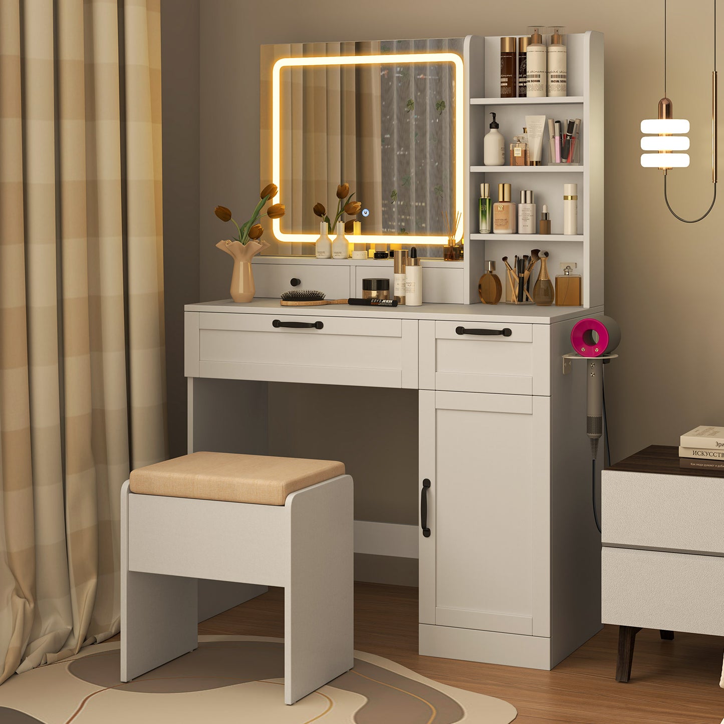 Vanity Set with Lighted Mirror and Charging Station