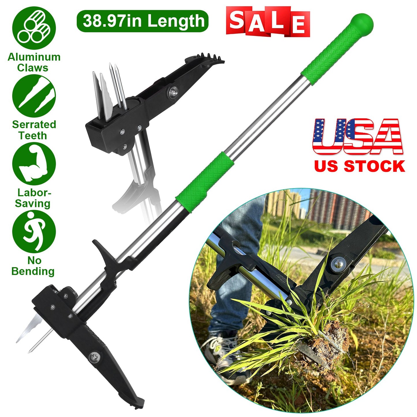 Stand Up Weed Puller Tool with 4-Claw Aluminum Design