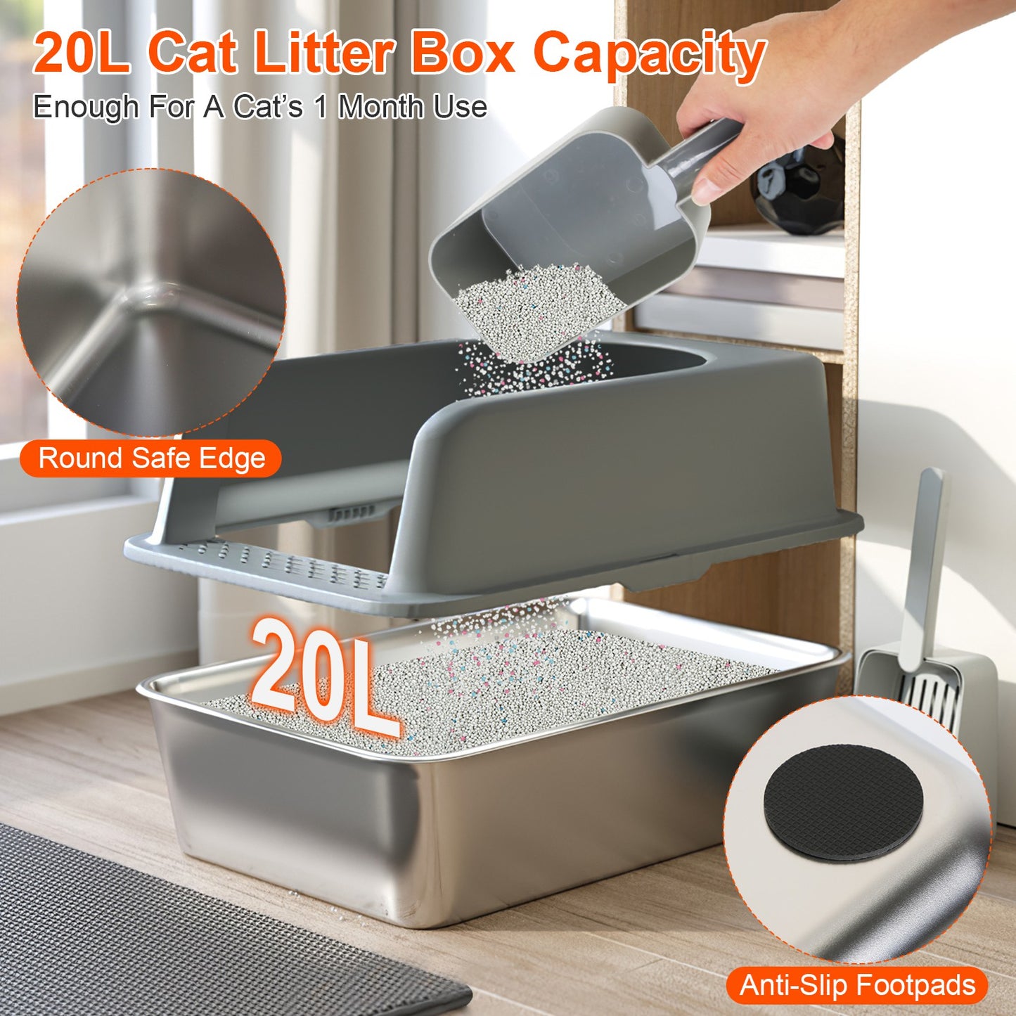 Enclosed Stainless Steel Cat Litter Box with Lid - Large
