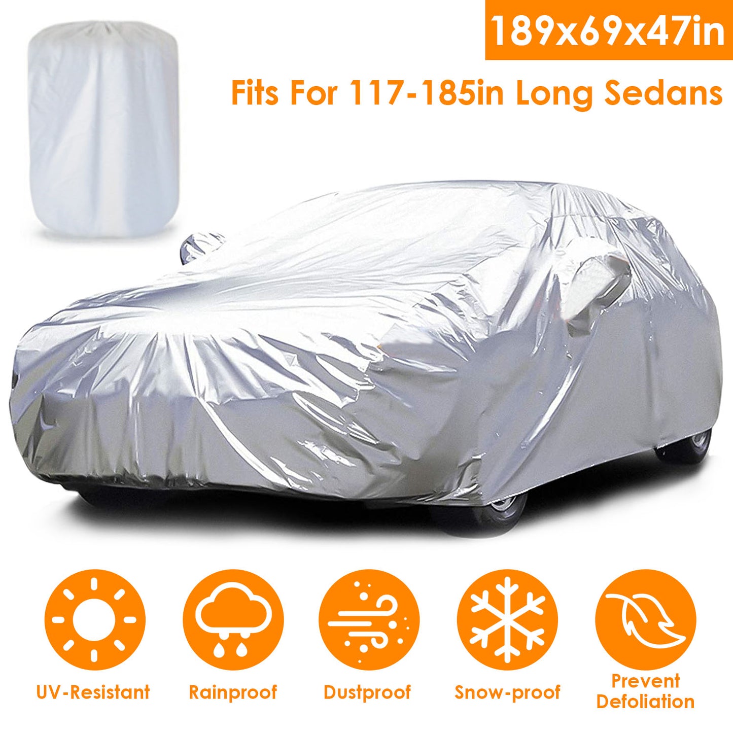 Full Car Cover 189x69x47in All Weather UV Protection for Sedans