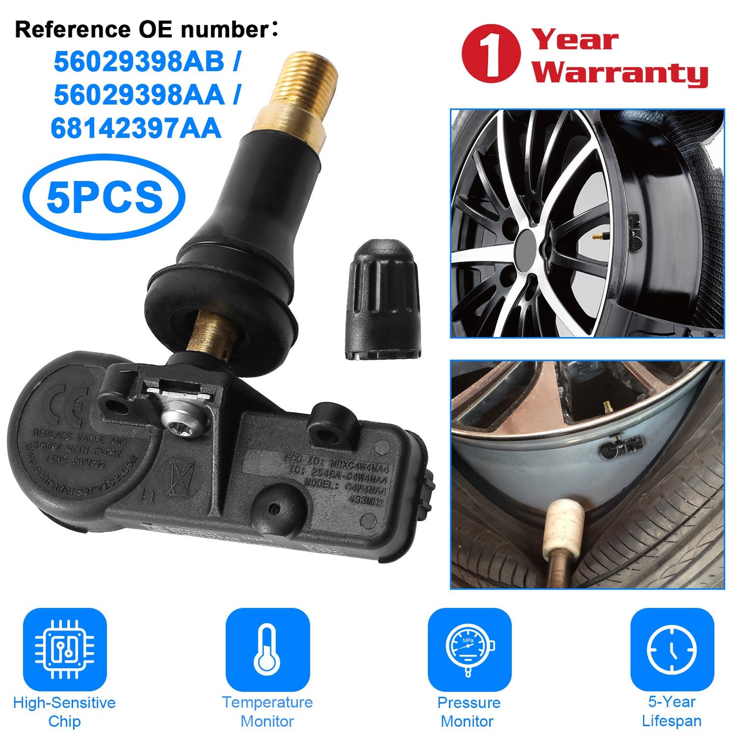 TPMS Tire Pressure Sensors for Jeep Chrysler Dodge Ram (5-Pack)