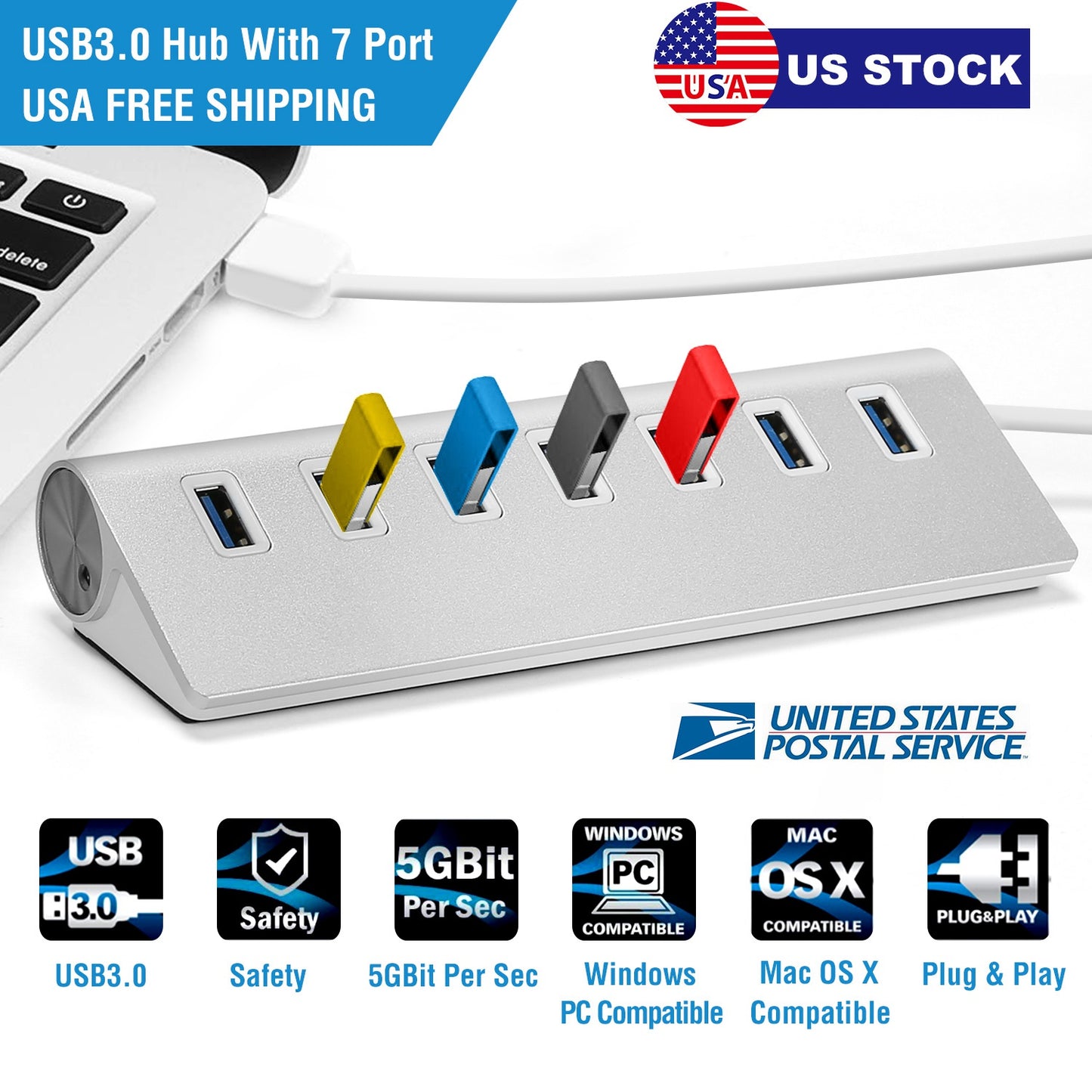 7-Port USB 3.0 Hub with Aluminum Body and 1ft Cable