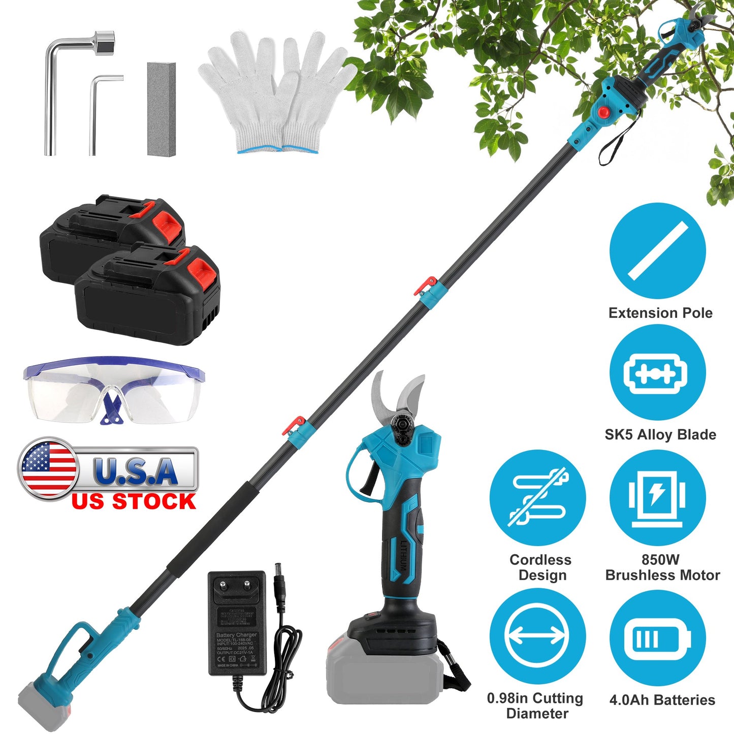 Electric Pruning Shears with 13ft Extension Pole & 2 Batteries