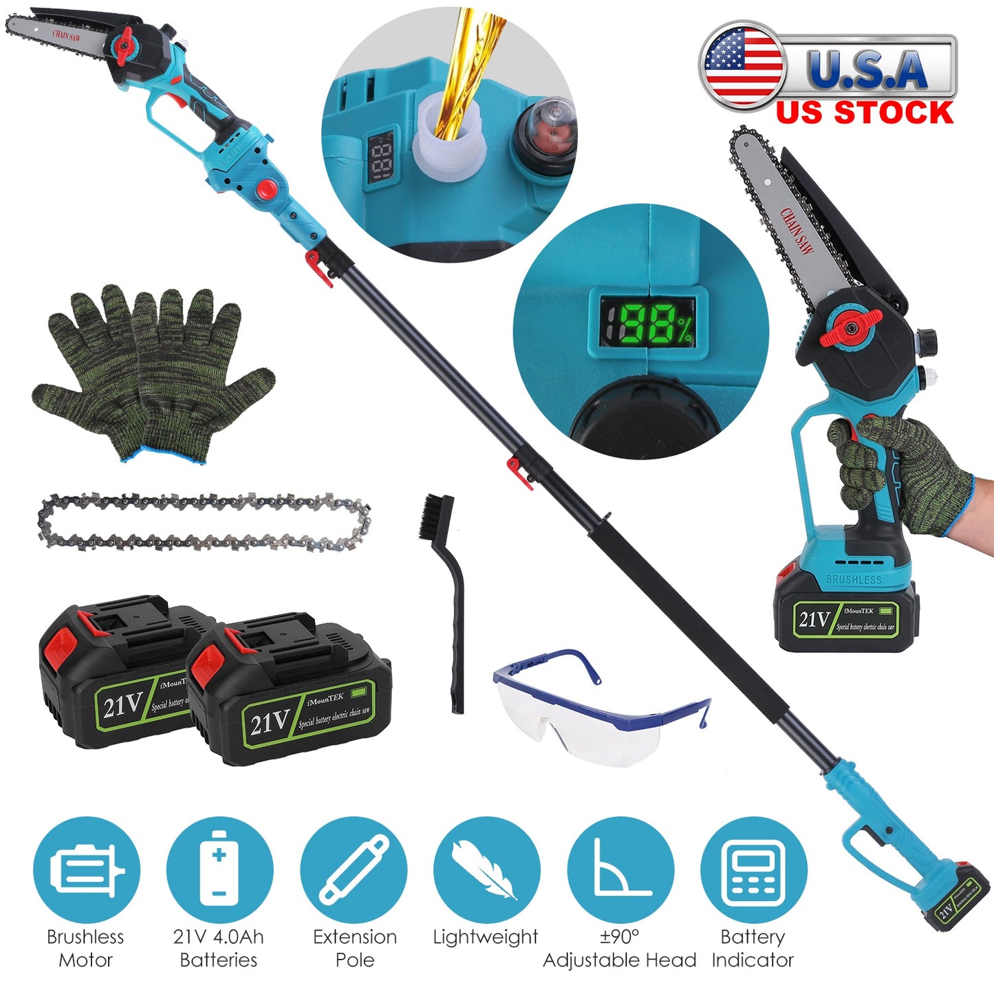 Cordless Pole Saw 2-in-1 with Extension Pole 21V Brushless
