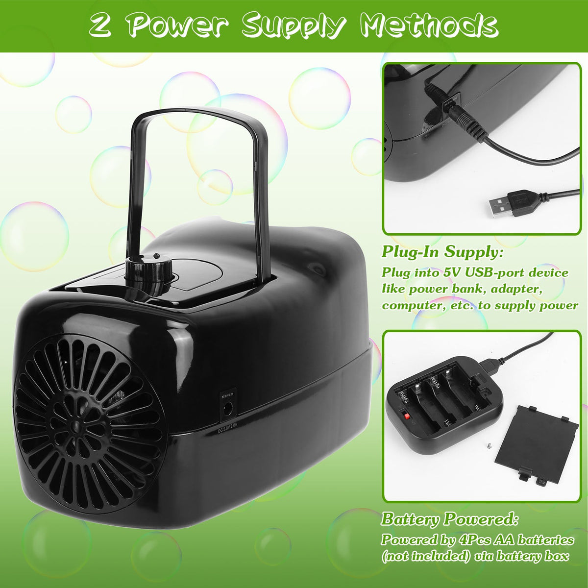 Bubble Maker Automatic Bubble Blower Portable Bubble Blowing Machine with 2 Speeds Handle 3000-4000 Bubbles Per Minute Plug-In Battery Powered