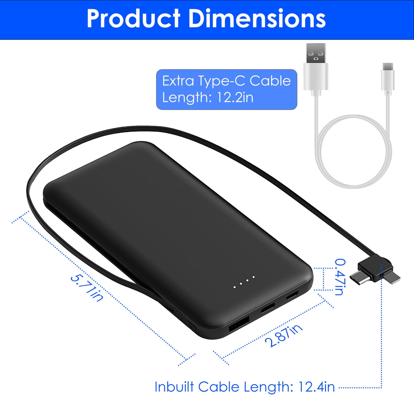 10000mAh Portable Power Bank with Built-In Cables