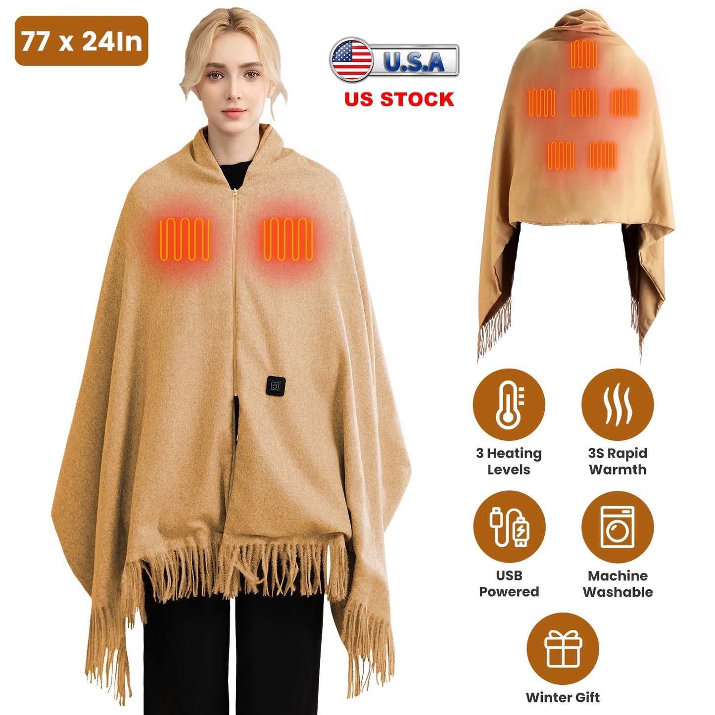 USB Heated Shawl with 3 Heat Levels and Zipper