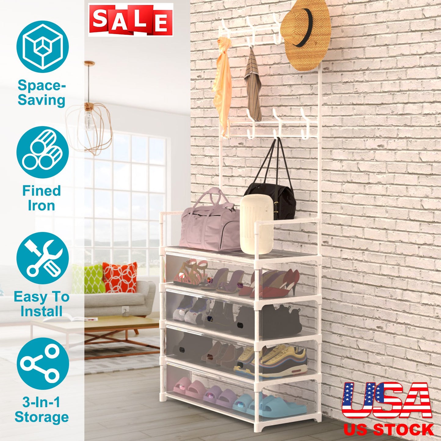 5-Tier Entryway Hall Tree with Coat Hooks & Shoe Storage
