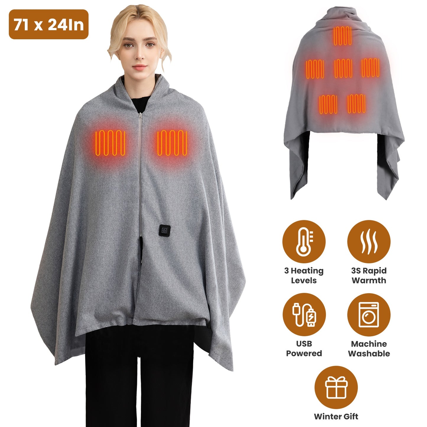 USB Heated Shawl with 3 Heat Levels and Zipper