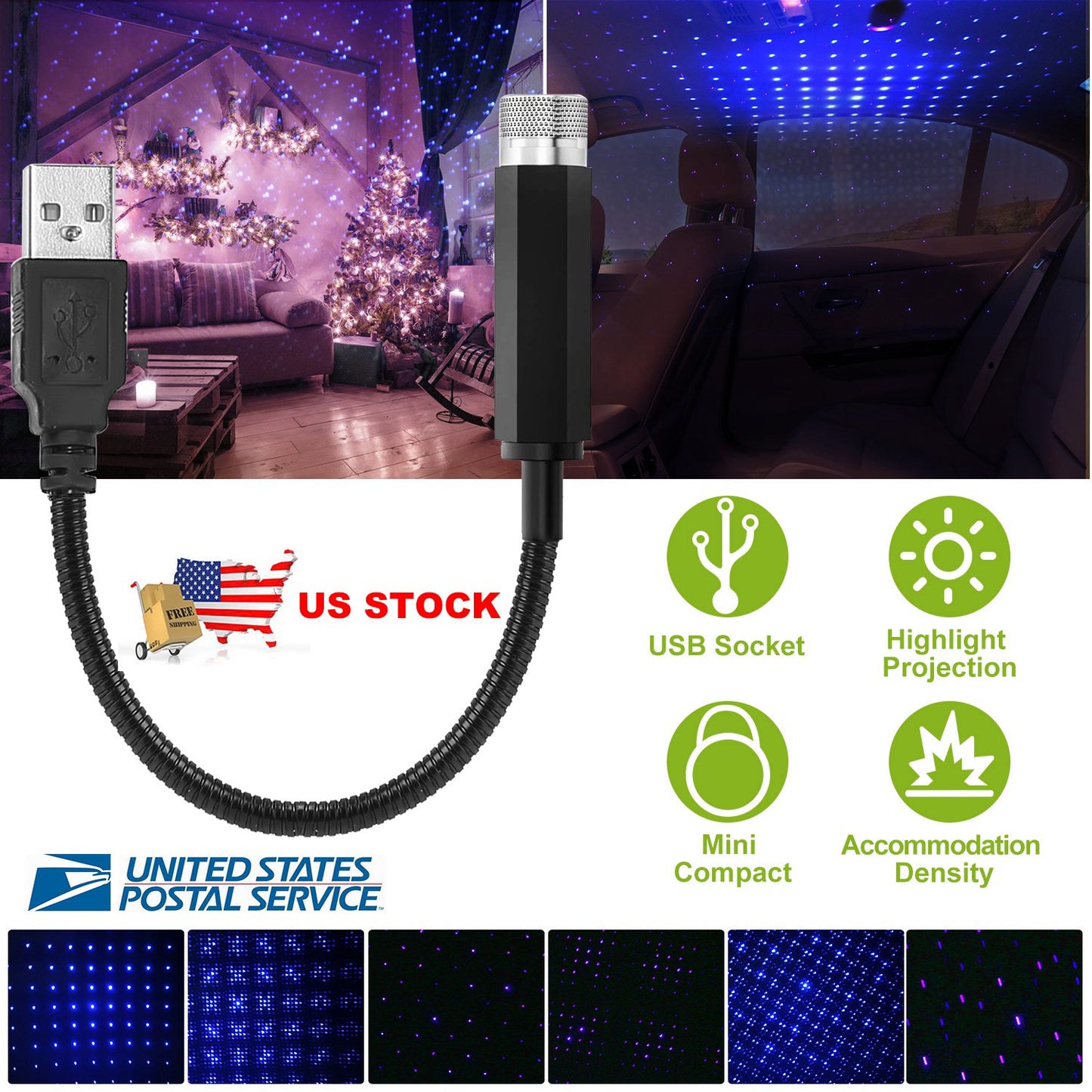 USB Star Projector Night Light for Car Interior Ceiling