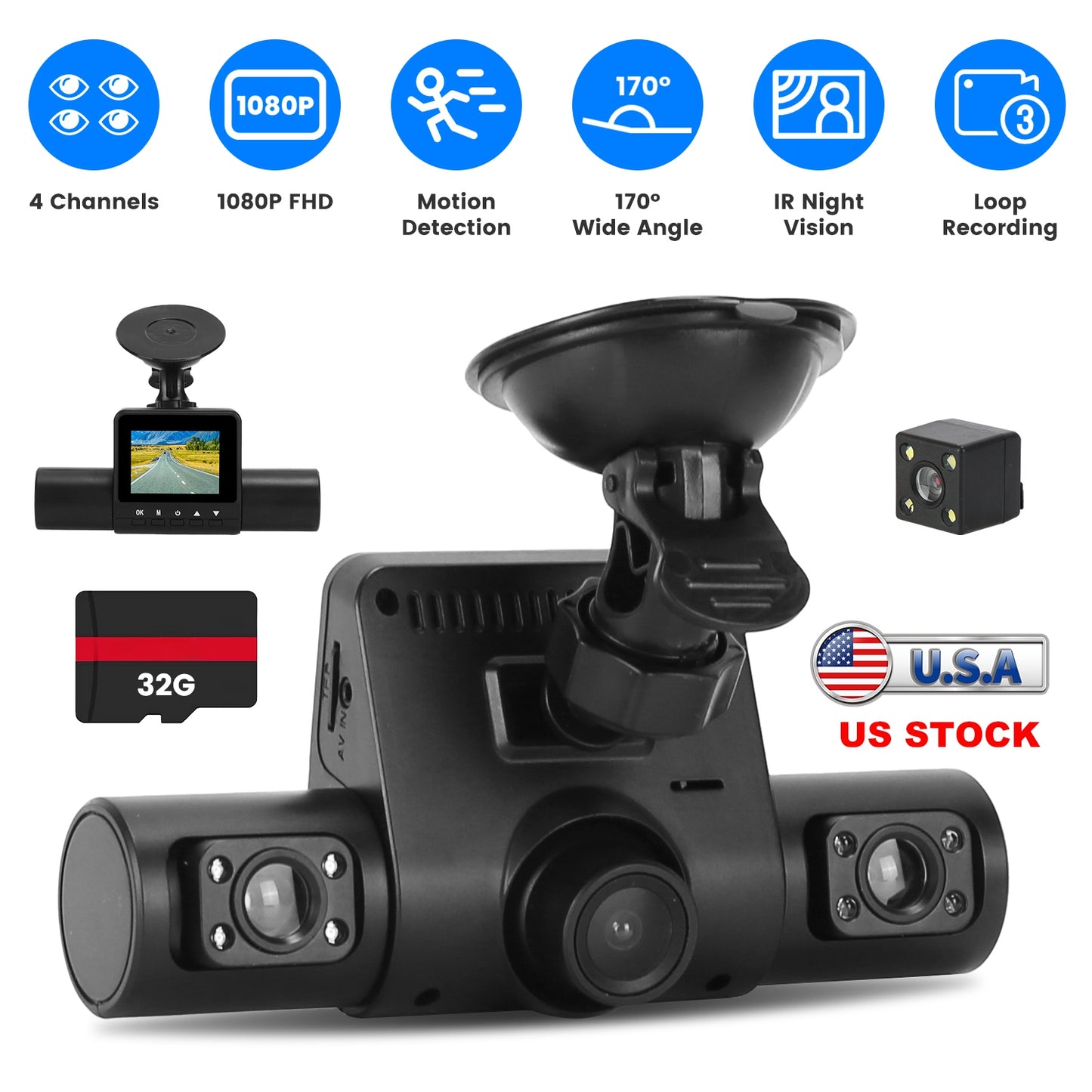 4 Channel Dash Cam with 360° Coverage and Night Vision