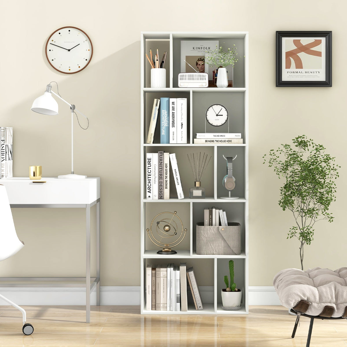 63 Inch 5-Tier Geometric 10-Cube Bookshelf Tall Bookcase-White