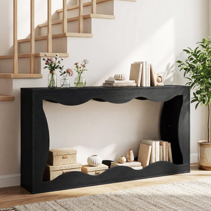 63 Inch Console Table 2-Tier Narrow Entryway Table with Wavy Edge Storage Shelf