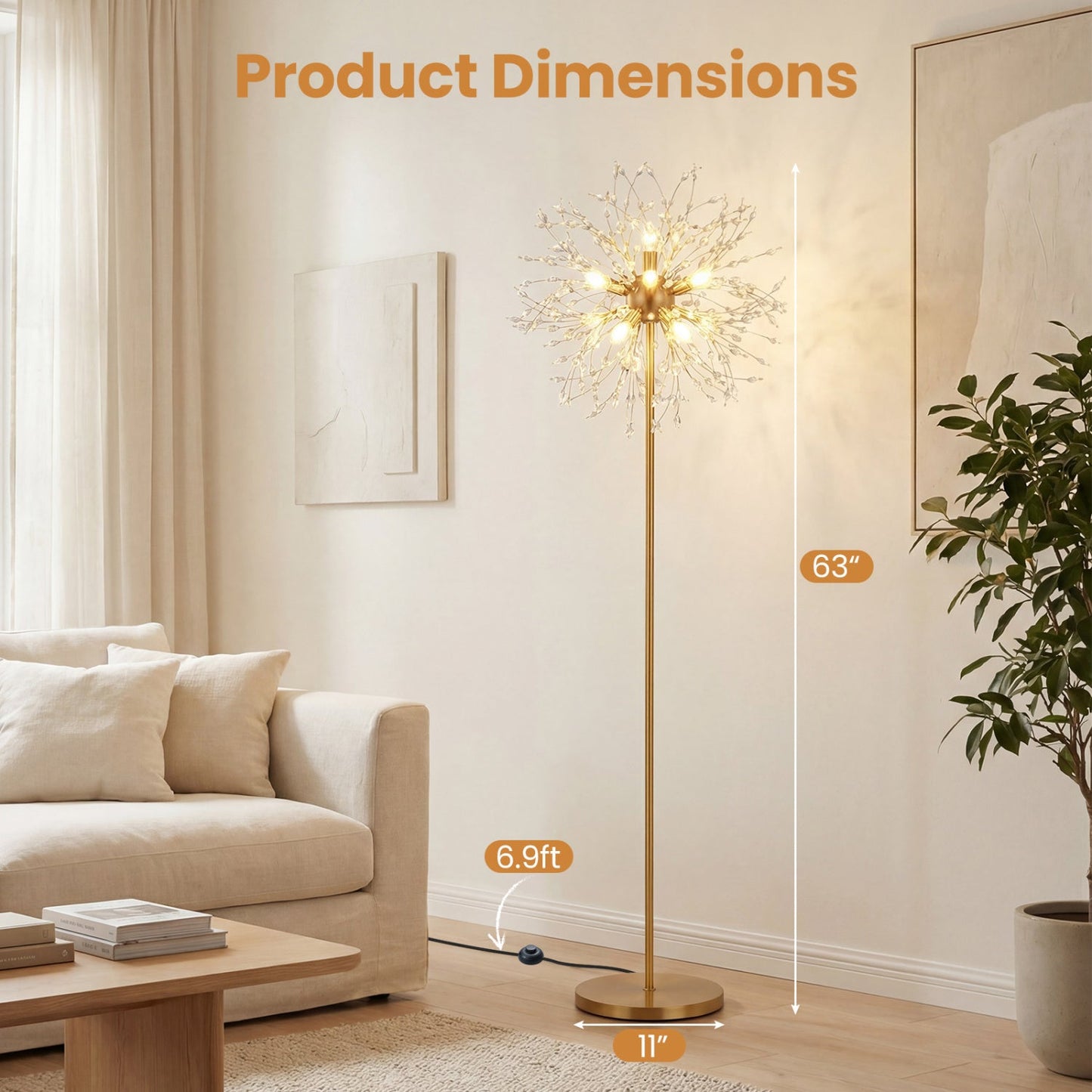 63-Inch Crystal Floor Lamp with Acrylic Crystals