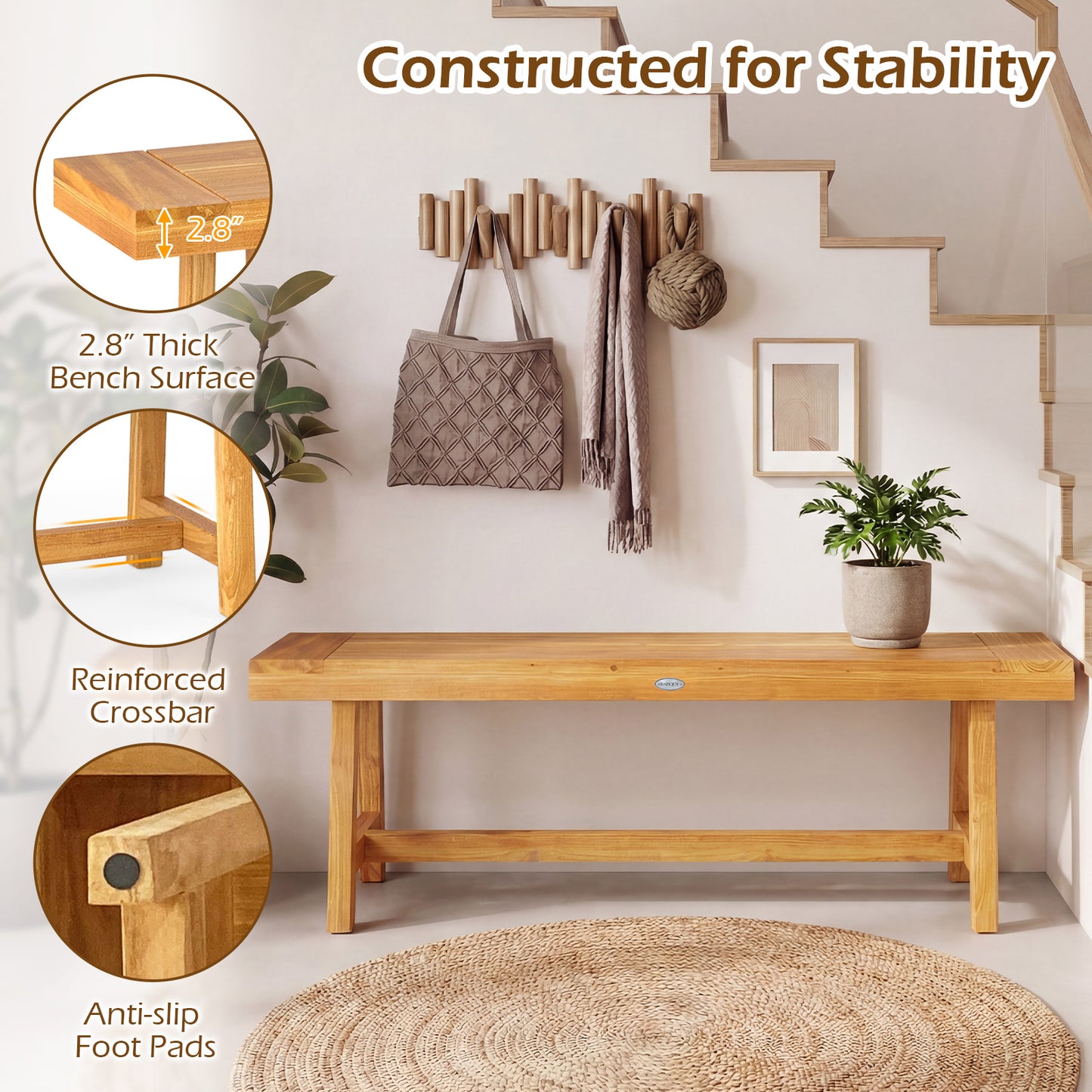 63-Inch Teak Wood Bench for 3 People