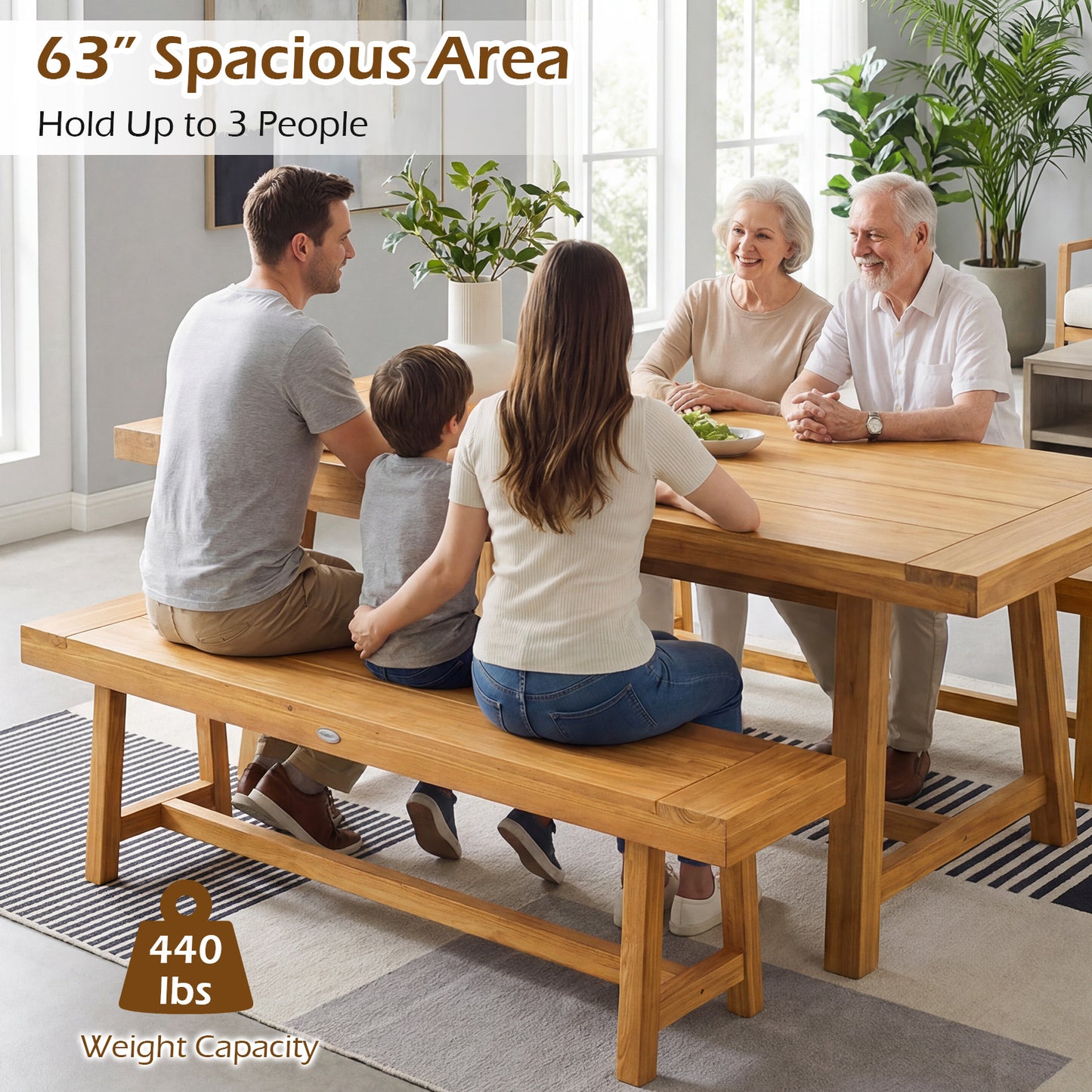63-Inch Teak Wood Bench for 3 People