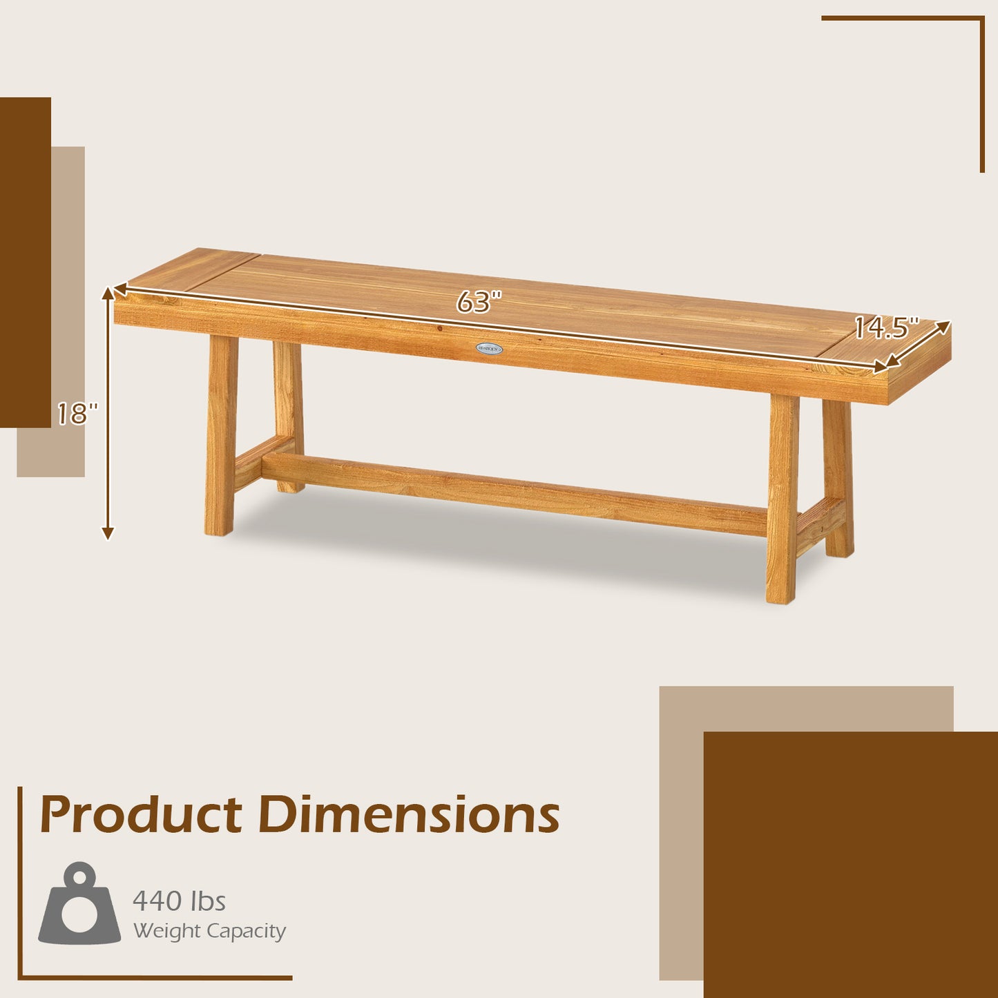 63-Inch Teak Wood Bench for 3 People