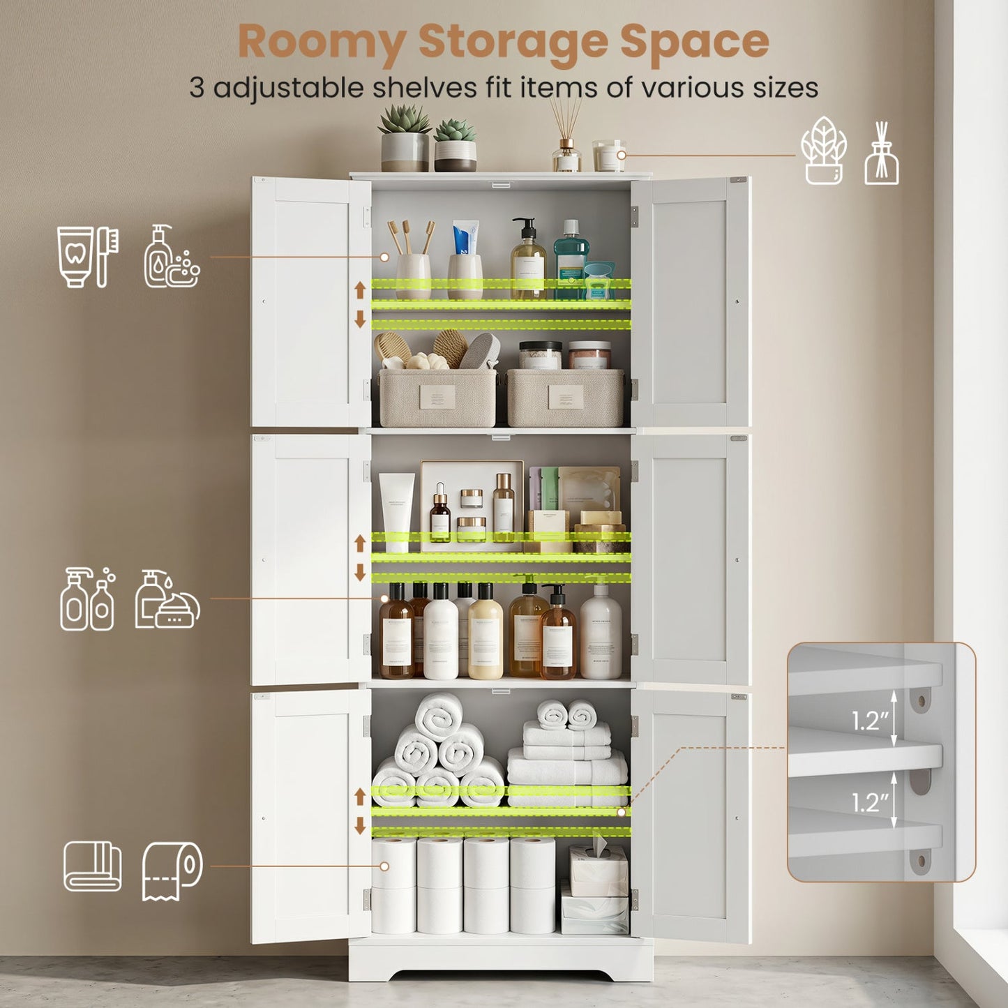 63-Inch Tall Bathroom Storage Cabinet with 6 Doors